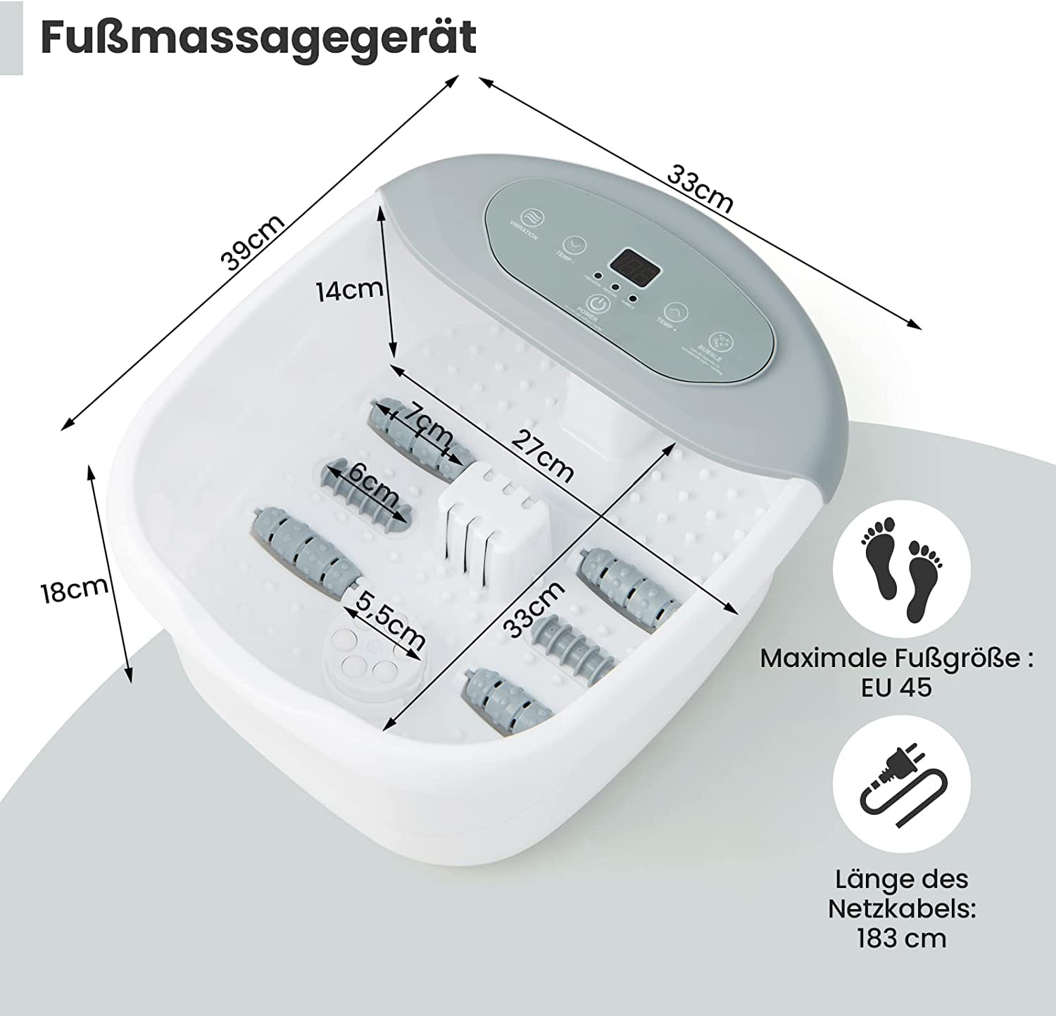 Fußmassagegerät mit Maßen und Symbolen, weiß und grau.