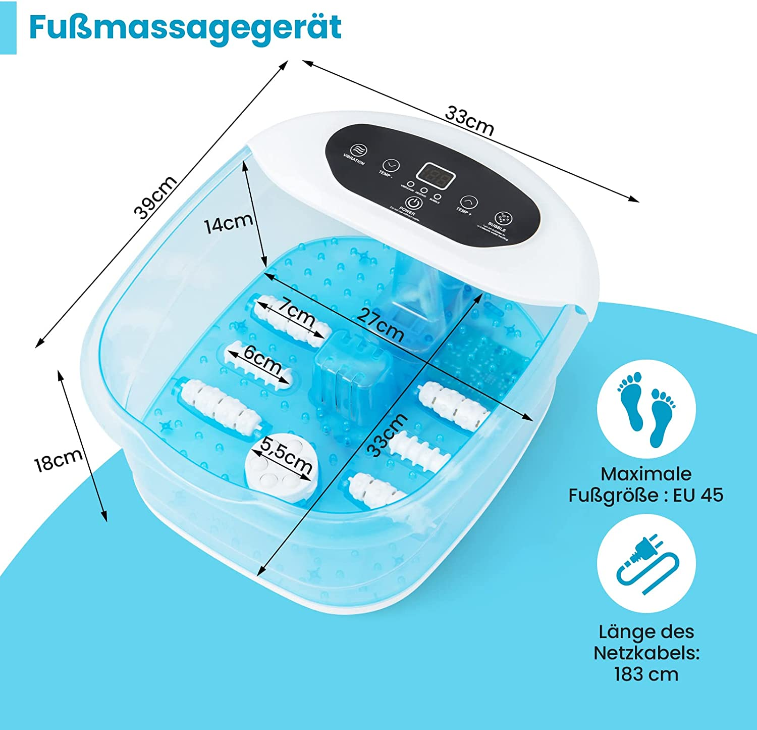 Ein Fußmassagegerät mit Maßen, Knöpfen und einem Display, mit einer Diagramm von Füßen.