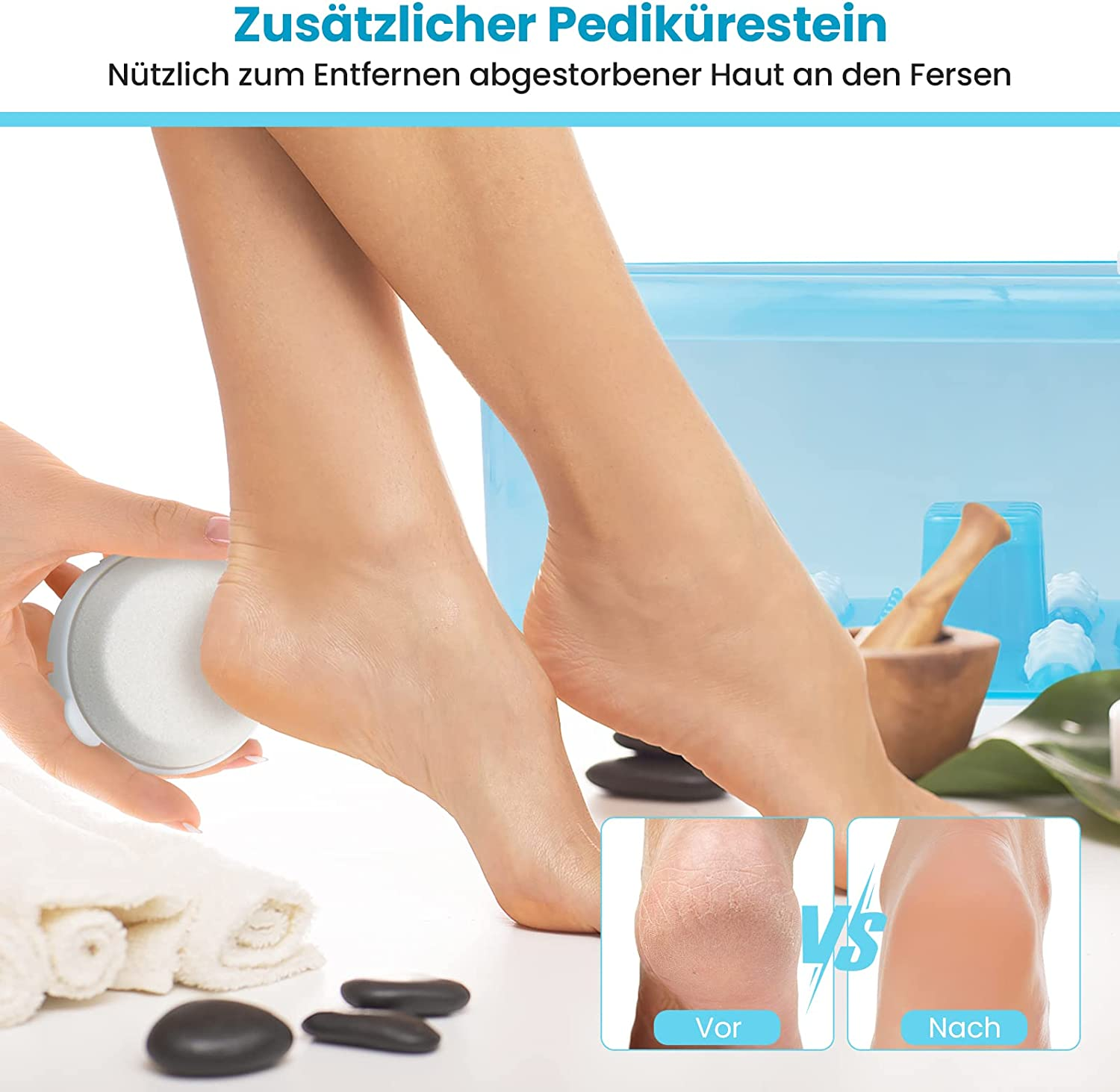 Frauenfüße mit Bimsstein und Fußpflegeprodukten. Vorher-Nachher-Bilder werden gezeigt.