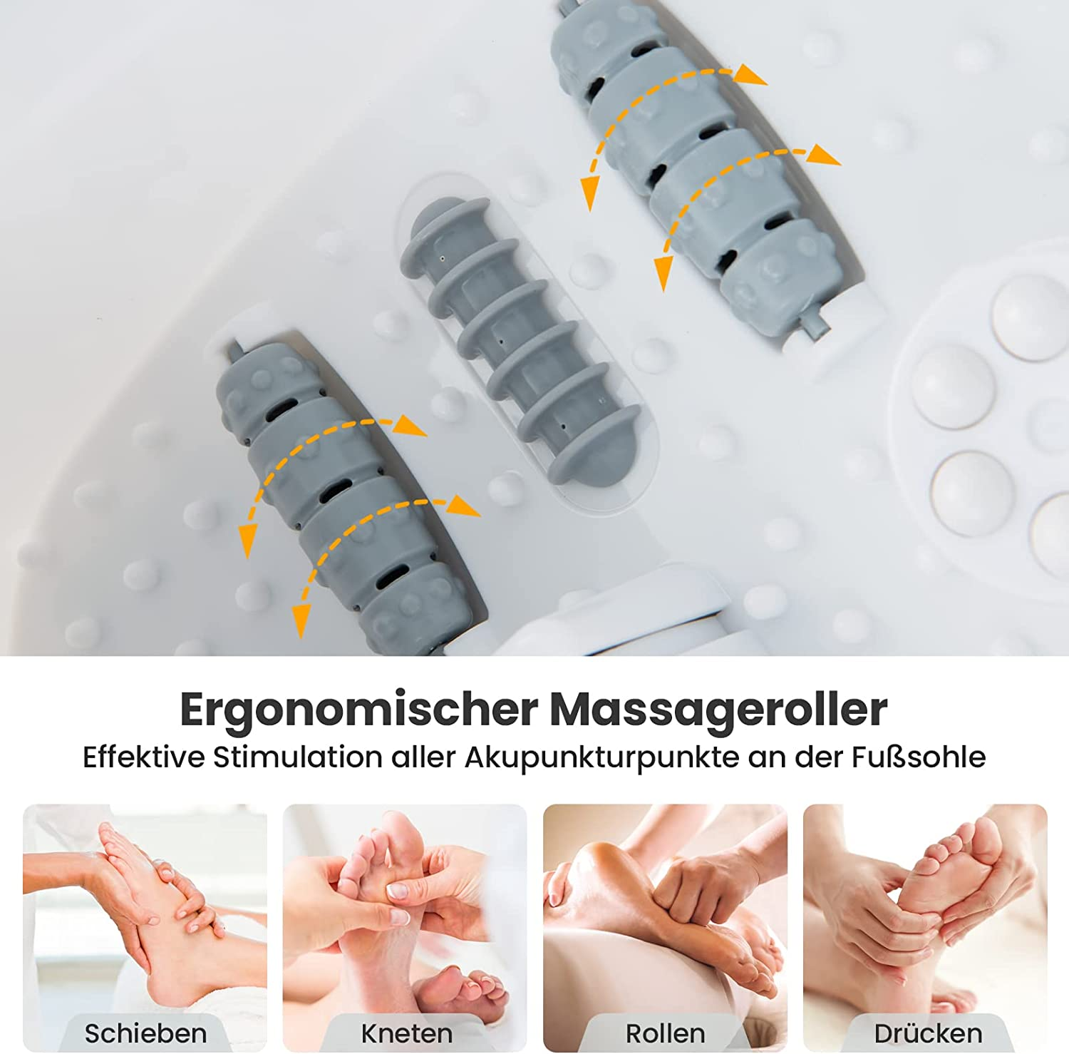 Fußmassageroller mit Rollen und Diagrammen, die Fußmassagetechniken zeigen. Der Hintergrund ist weiß.
