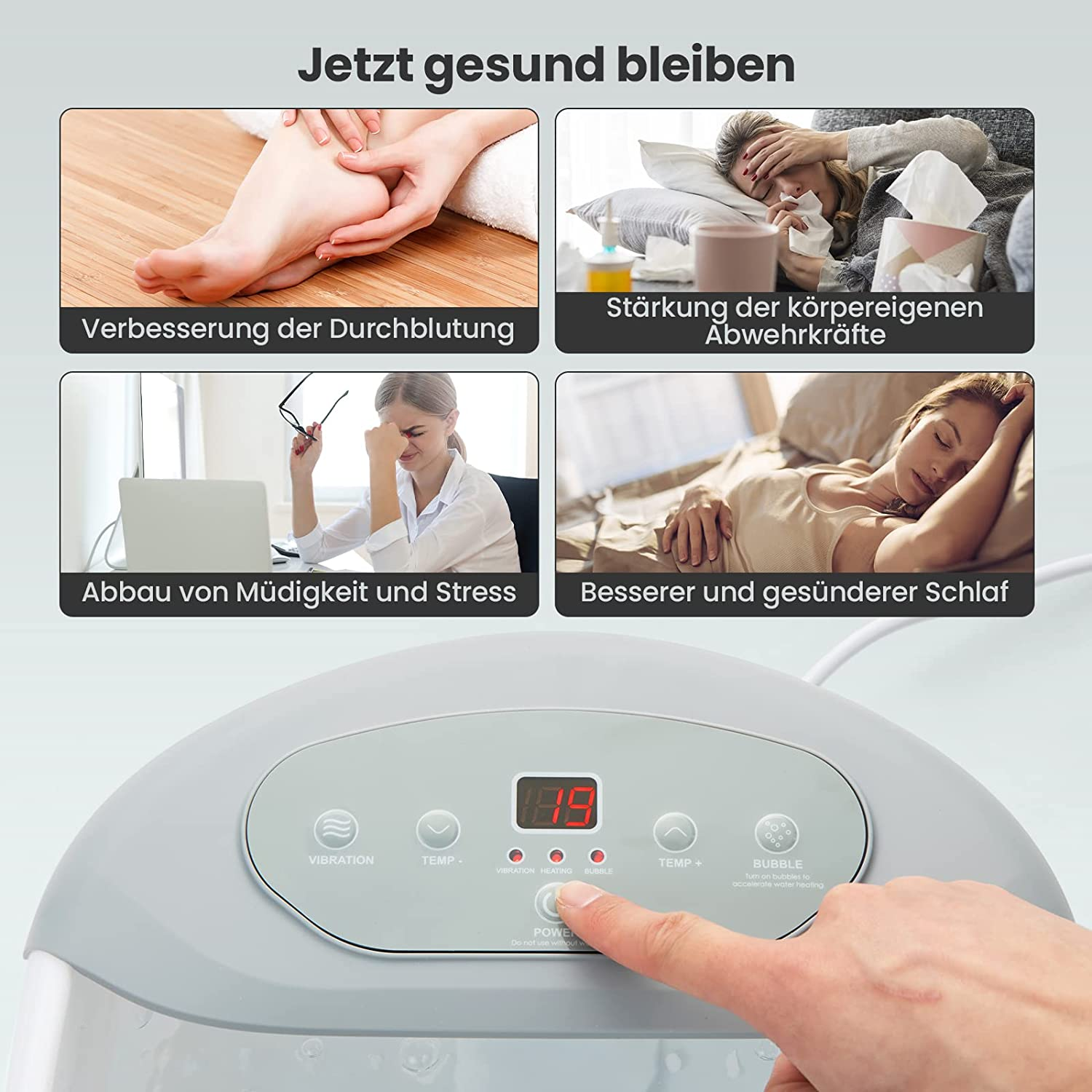 Fußbad mit Temperaturanzeige und Bildern zu gesundheitlichen Vorteilen.