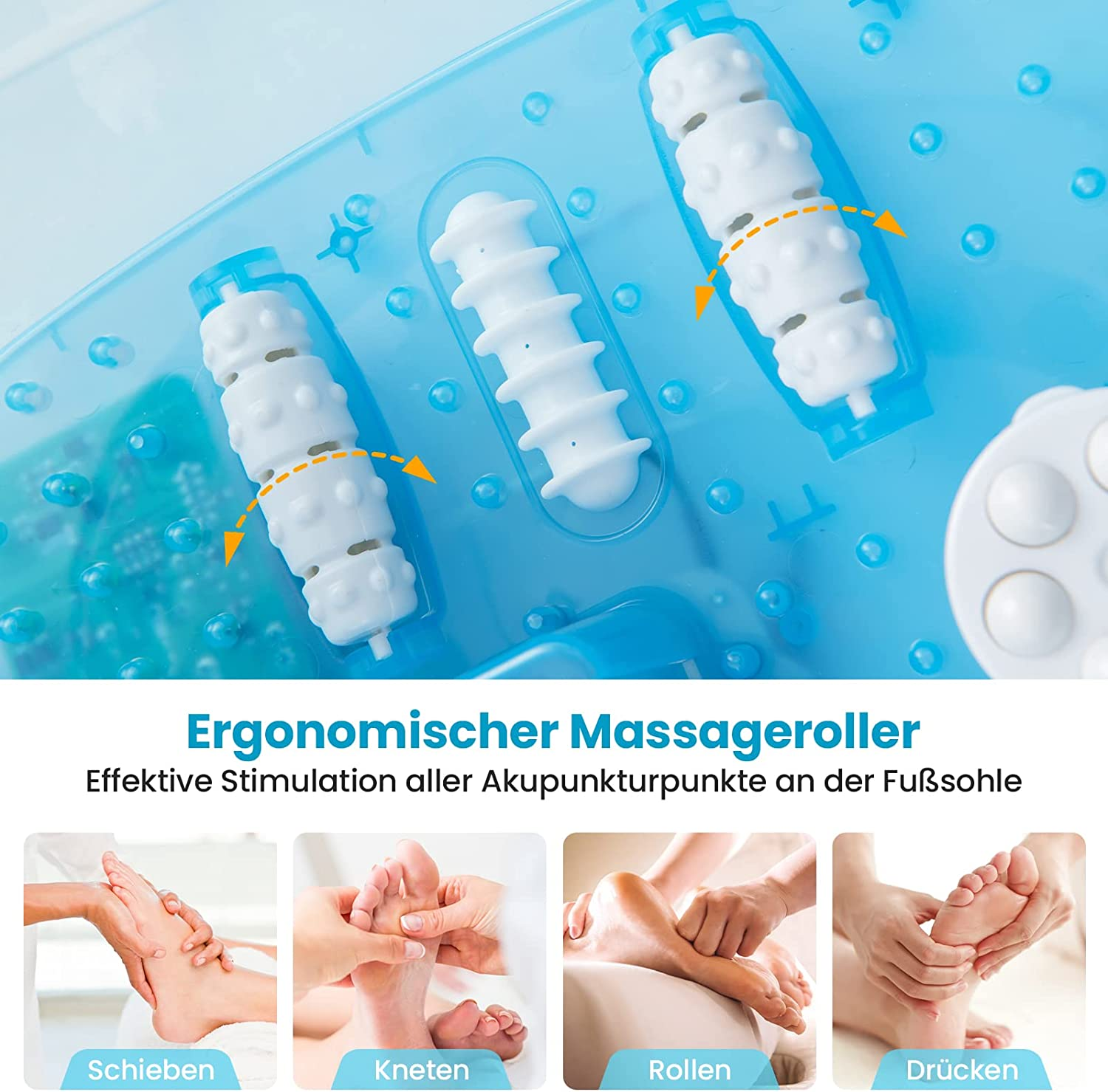 Fußmassagegerät mit Rollen. Vier Bilder zeigen Fußmassagetechniken: Drücken, Kneten, Rollen und Pressen.