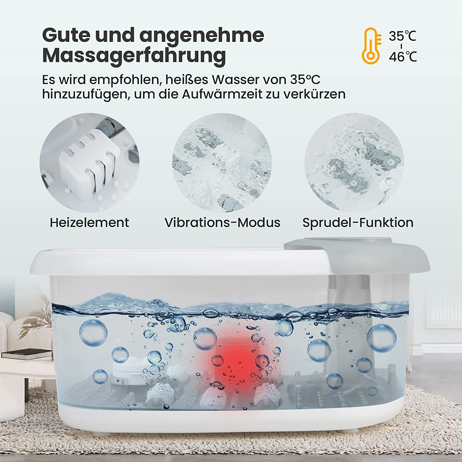 Fußbad mit Blasen und Heizelementen. Drei Detailbilder: Heiz-, Vibrations- und Blasenfunktionen.