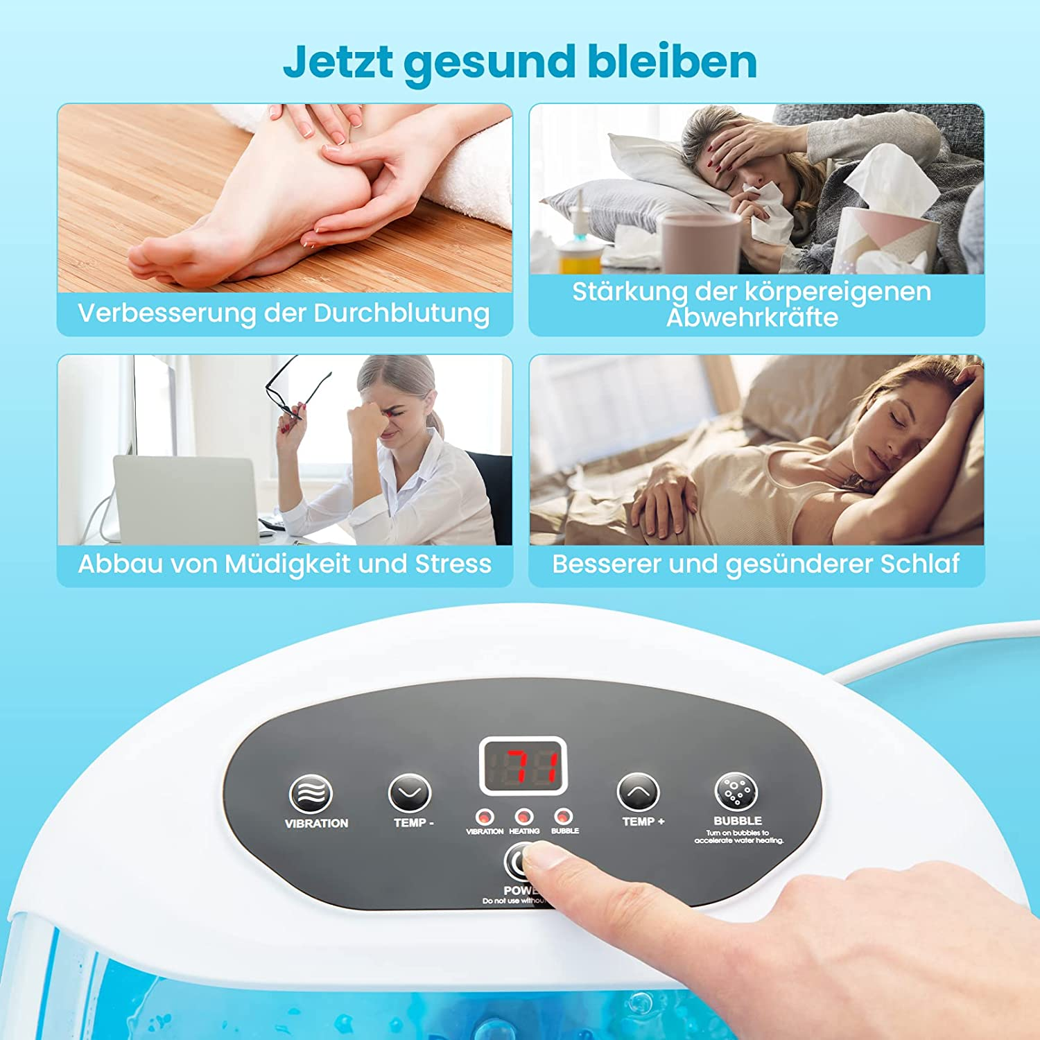 Fußbad mit Bedienelementen und Bildern. Text zur Verbesserung der Durchblutung und des Schlafs.