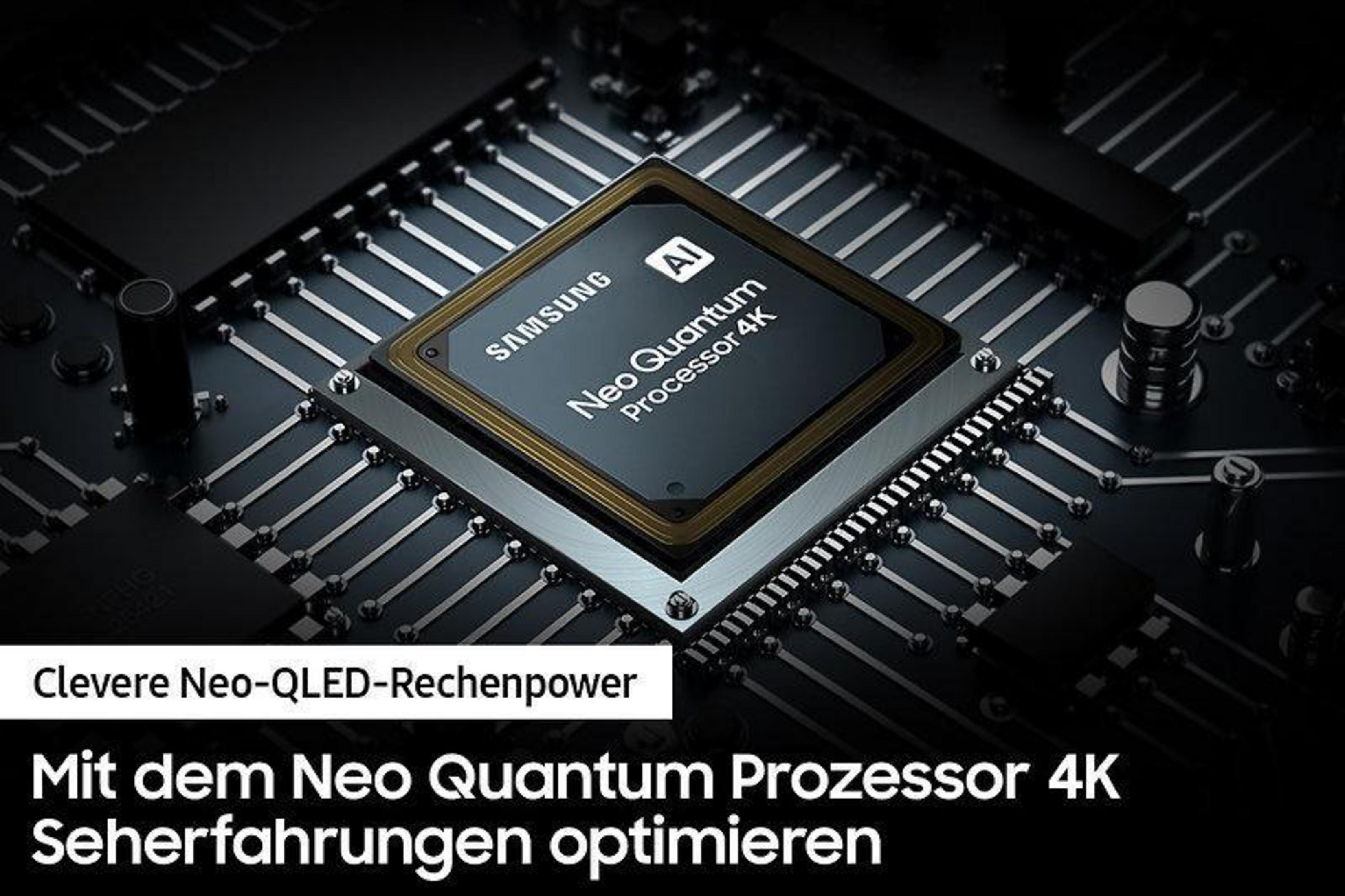 Nahaufnahme eines Samsung Neo Quantum Processor 4K Chips auf einer Leiterplatte.