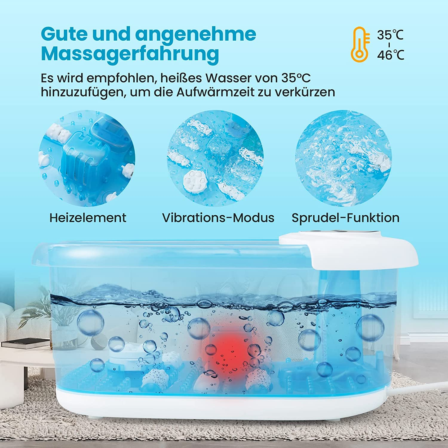 Ein Fußbad mit Wasser und Blasen. Es hat drei Diagramme, die Funktionen zeigen.