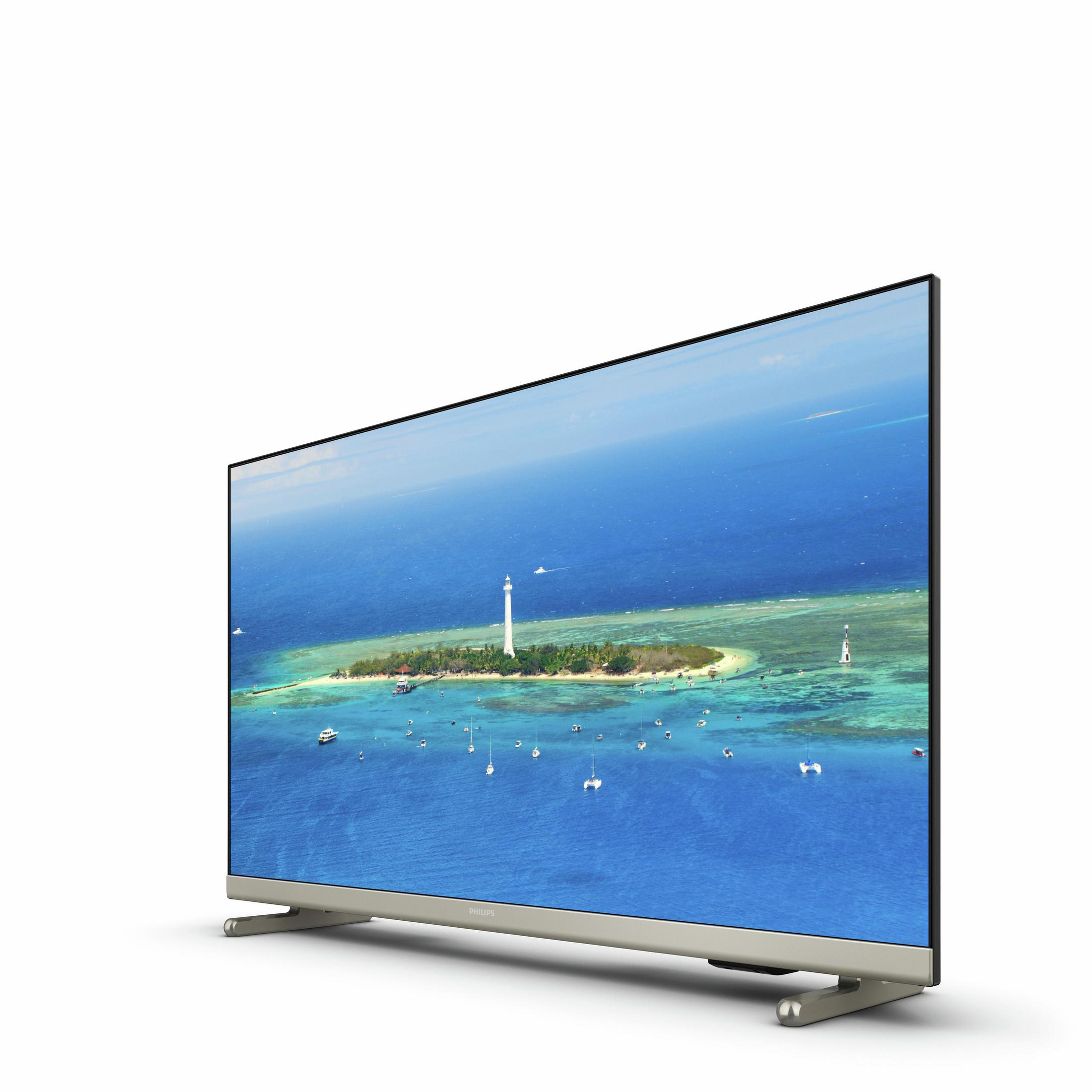 Großer Fernseher zeigt eine Küsteninsel mit Leuchtturm. Beiger Ständer, weißer Hintergrund.