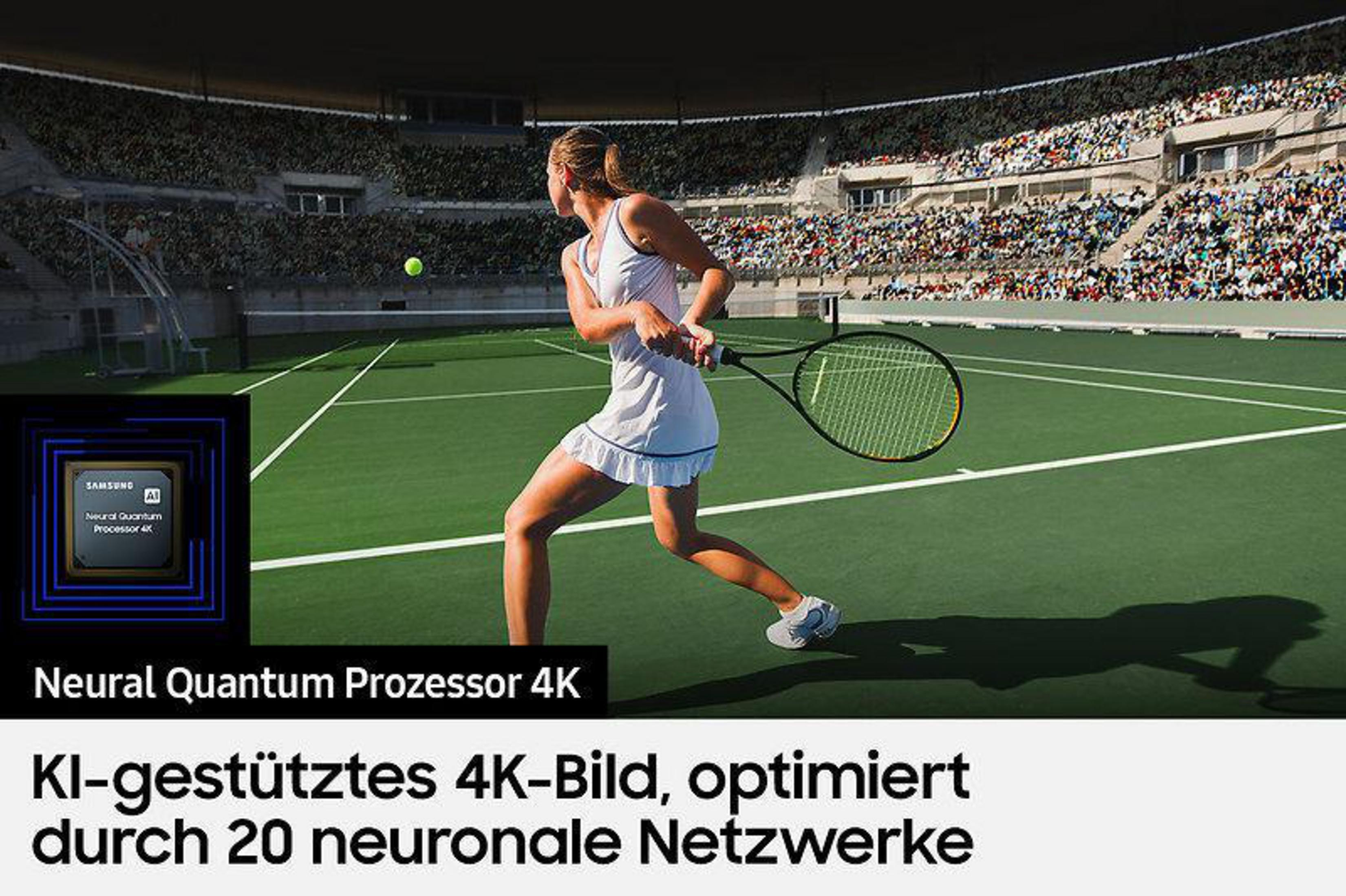 Tenisista na korcie z nakładką tekstową, Samsung Neural Quantum Processor 4K.