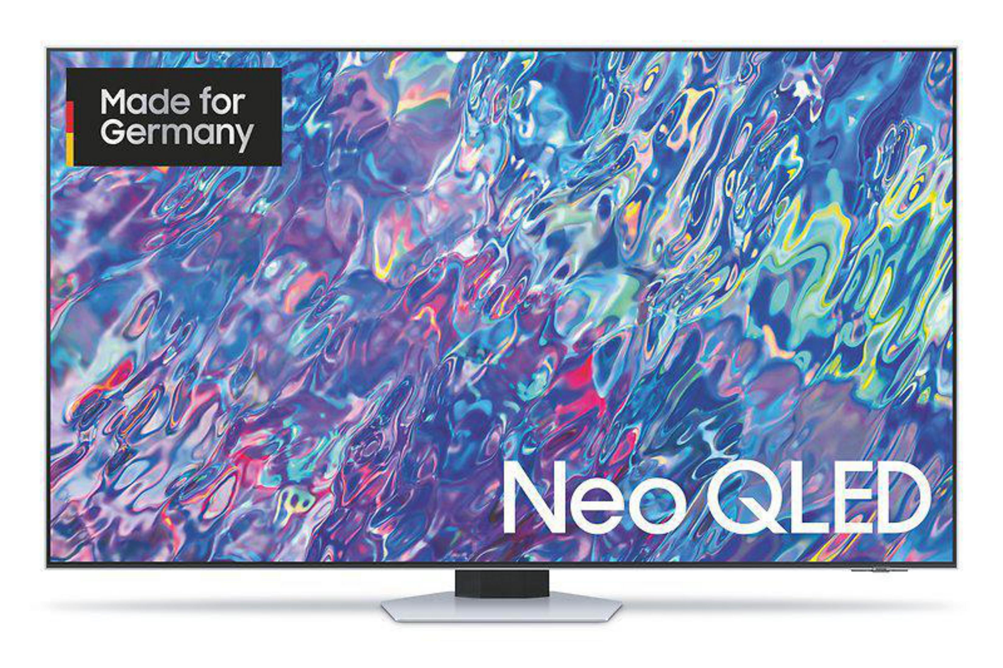 Großer Neo QLED-Fernseher mit farbenfroher, abstrakter Anzeige.