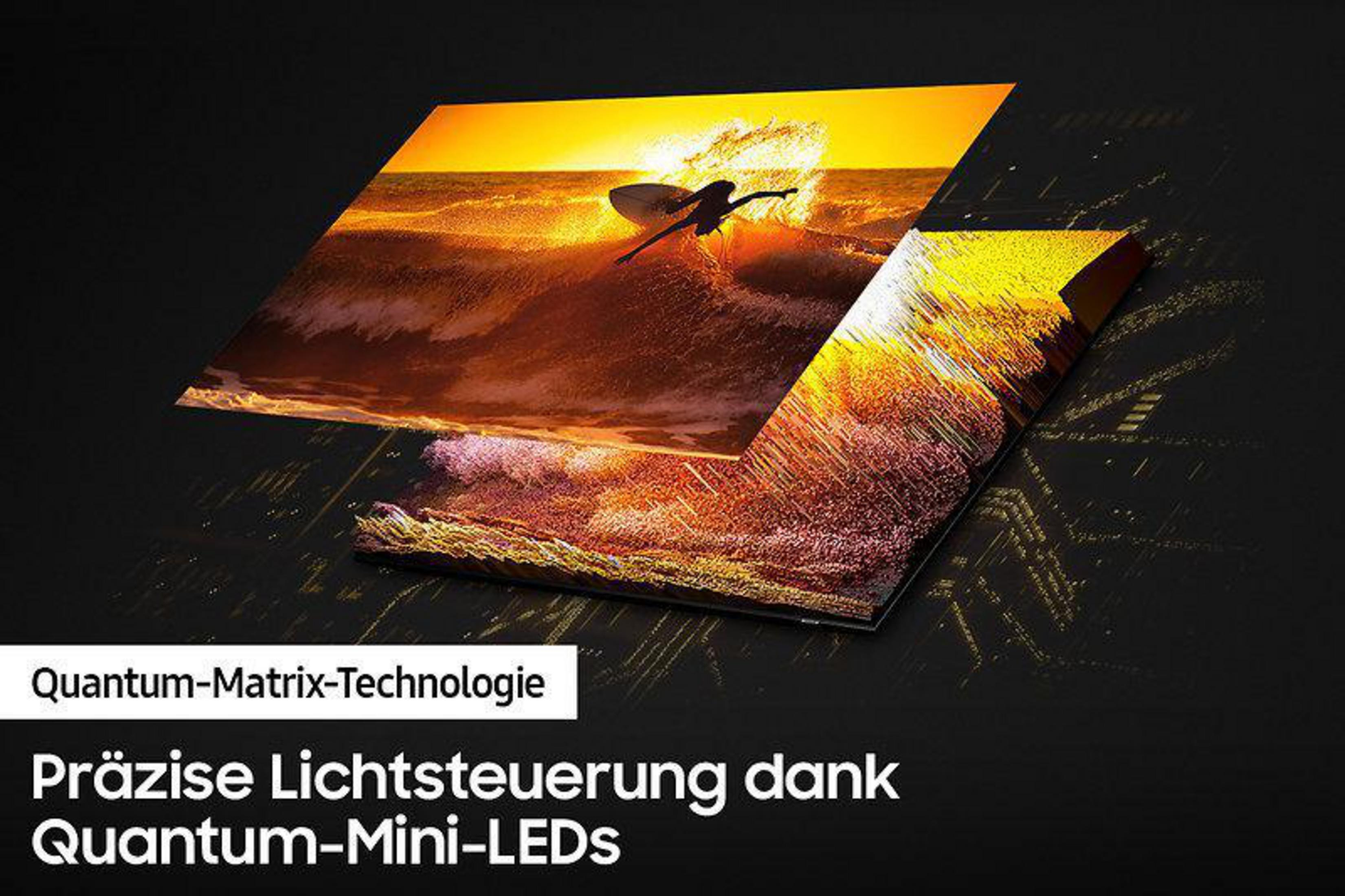 Ekran wyświetla surfera na fali. Tekst: Quantum-Matrix-Technologie i Präzise Lichtsteuerung.
