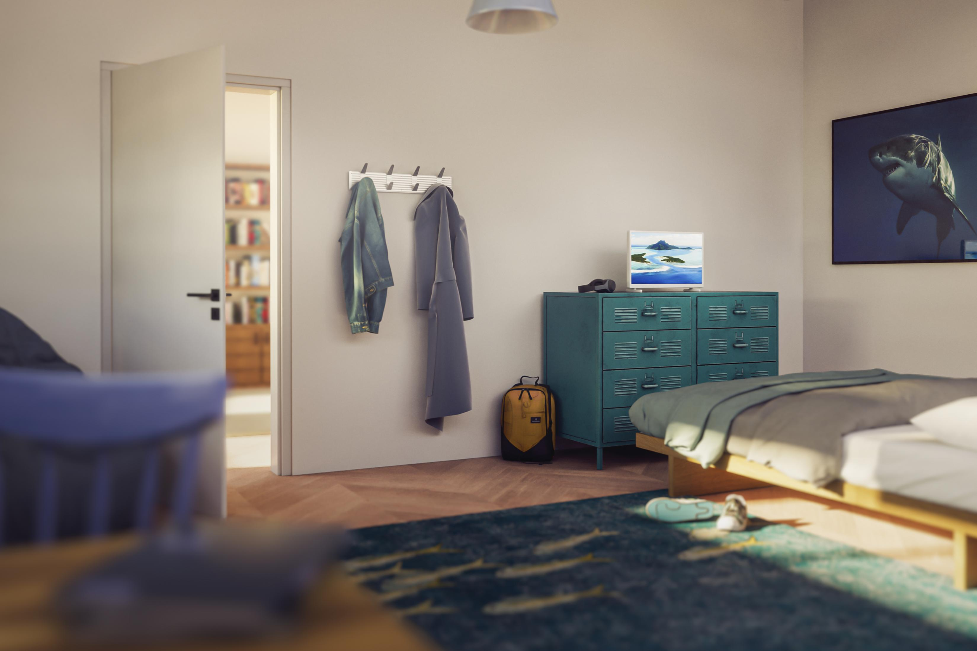 Sypialnia z łóżkiem, dywanem, szafką i telewizorem pokazującym krajobraz.