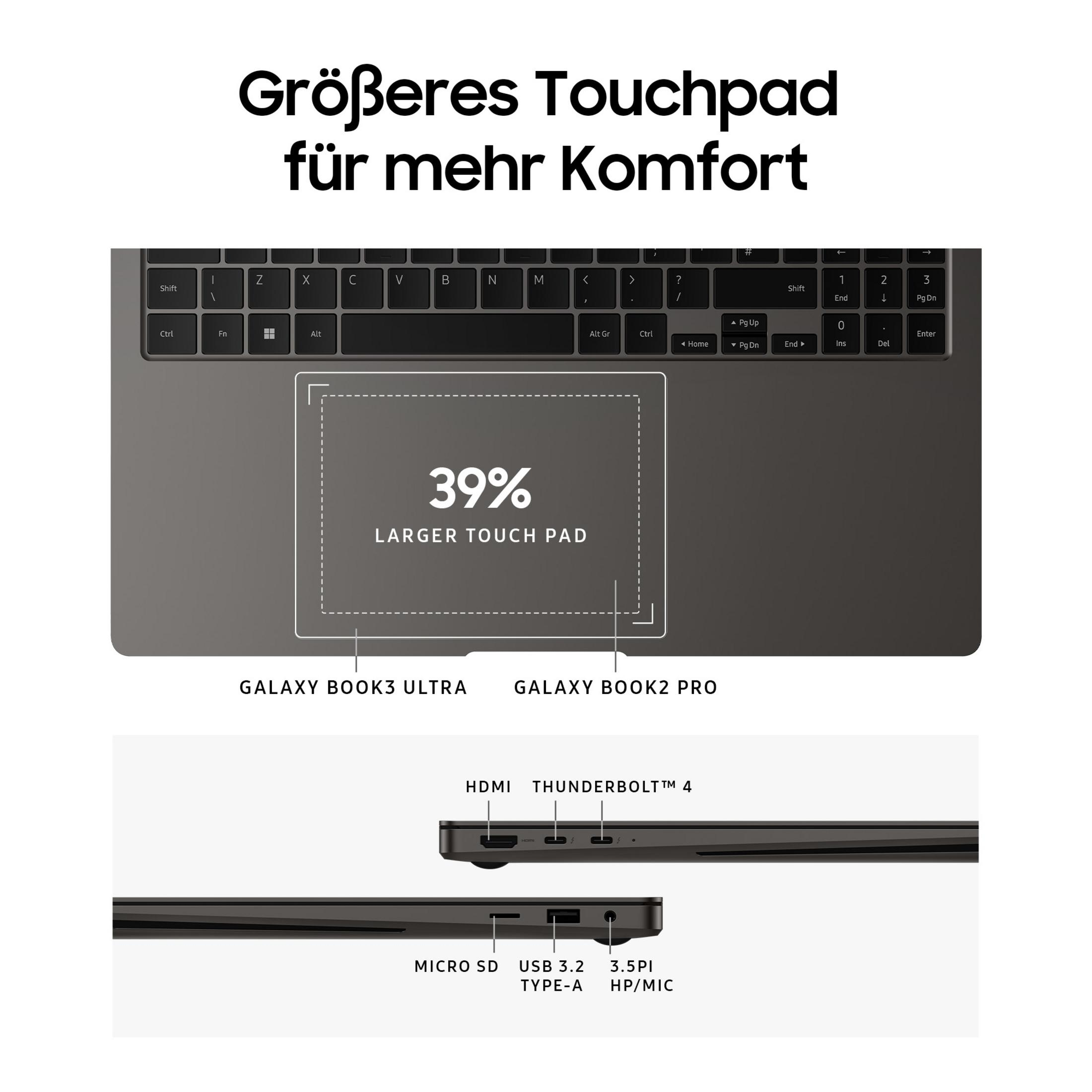 Dettaglio tastiera laptop con testo che evidenzia un touchpad più grande e porte.