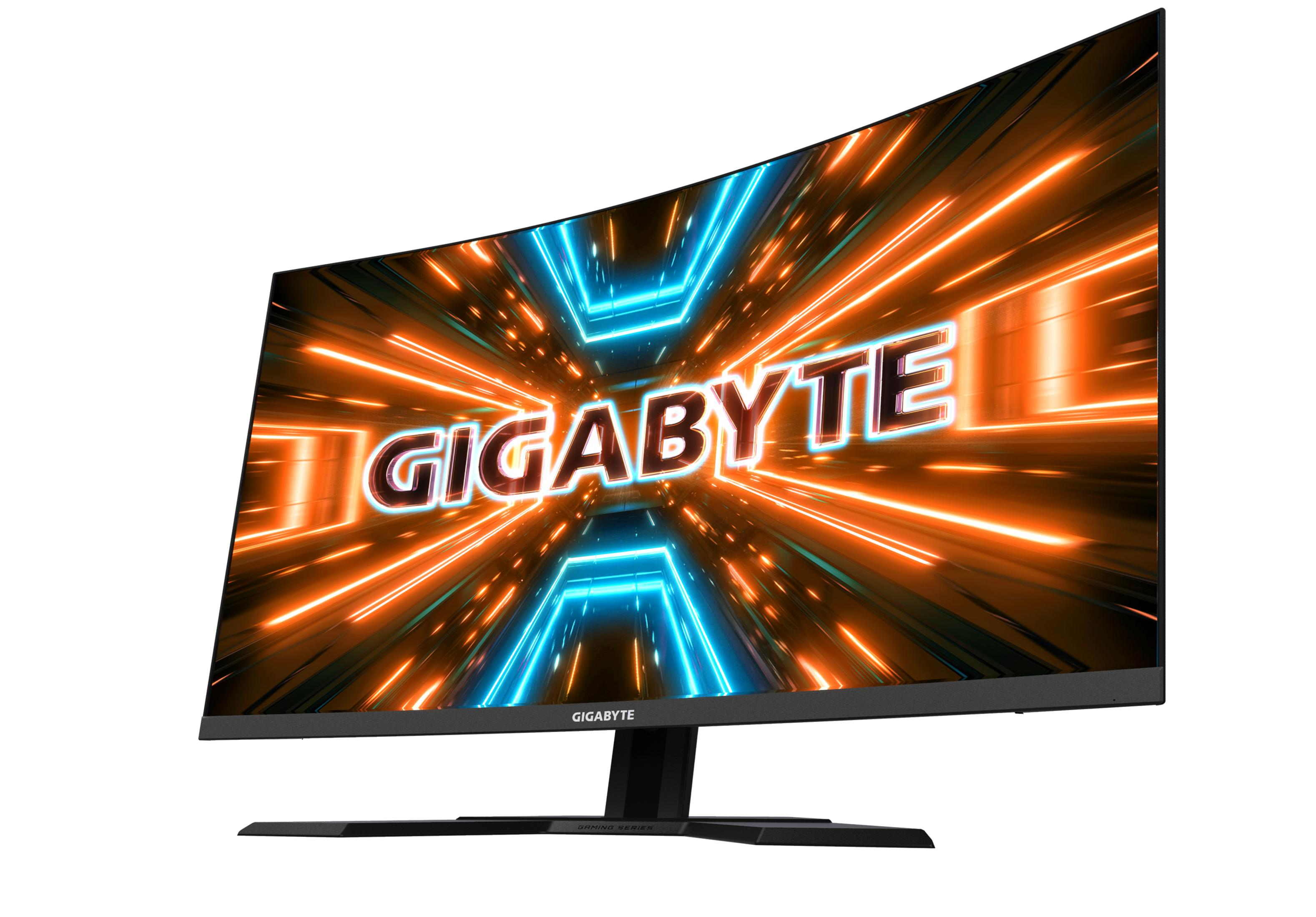 Un monitor da gaming curvo Gigabyte che mostra un design astratto colorato.