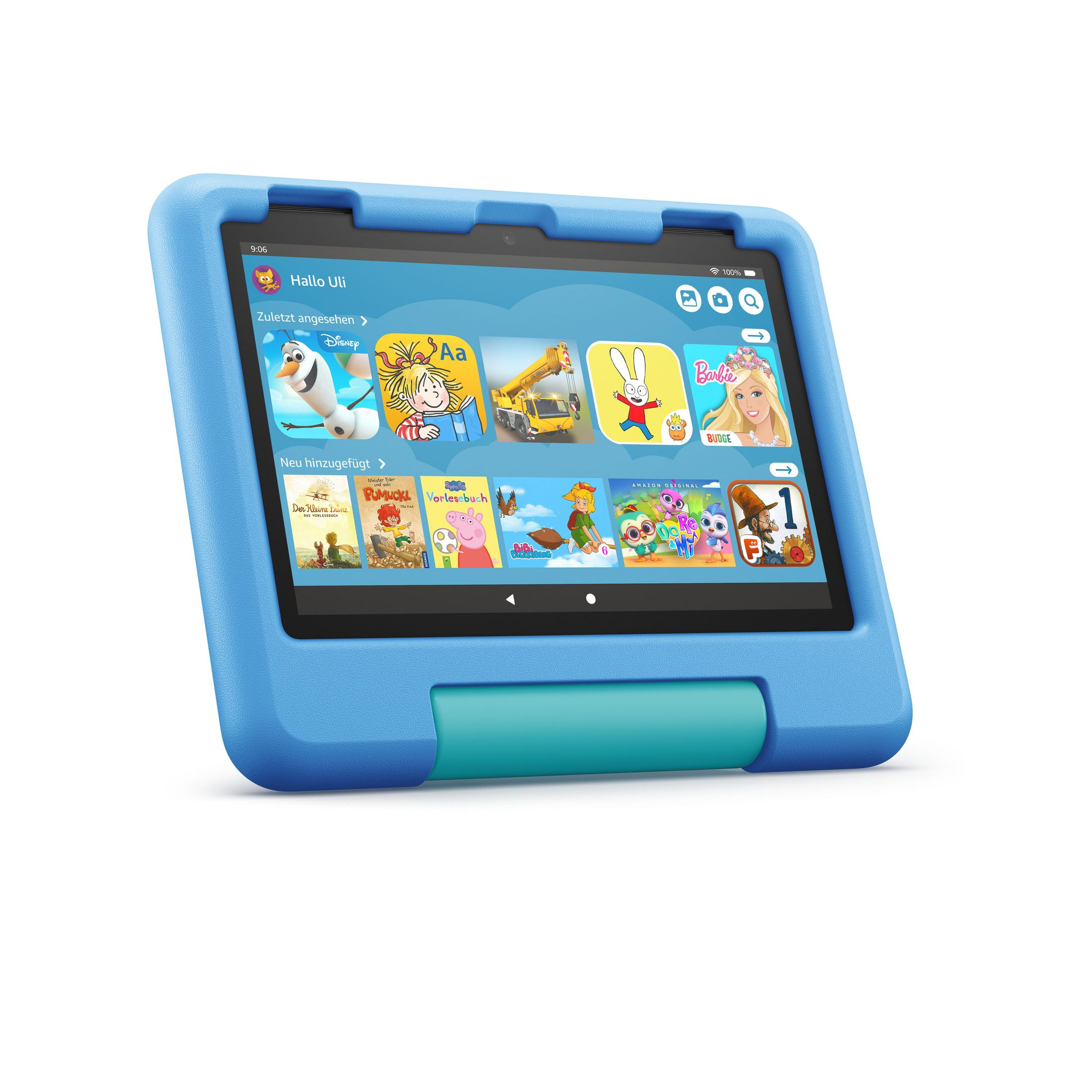 Ein blaues Tablet in einer Schutzhülle zeigt einen Startbildschirm mit App-Symbolen und einem türkisfarbenen Griff an der Unterseite.