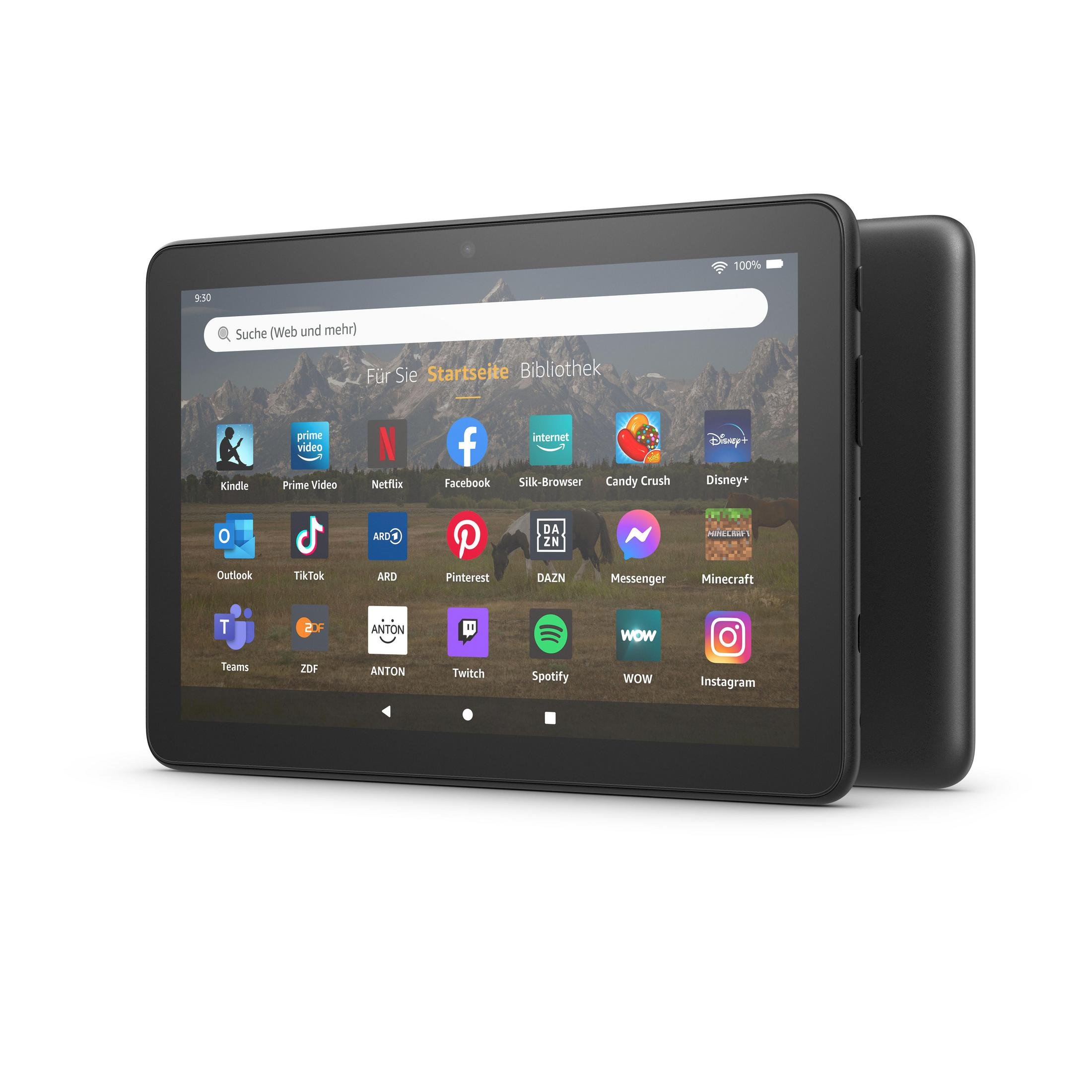 Schwarzes Tablet mit Apps auf dem Bildschirm, schräge Ansicht, weißer Hintergrund.