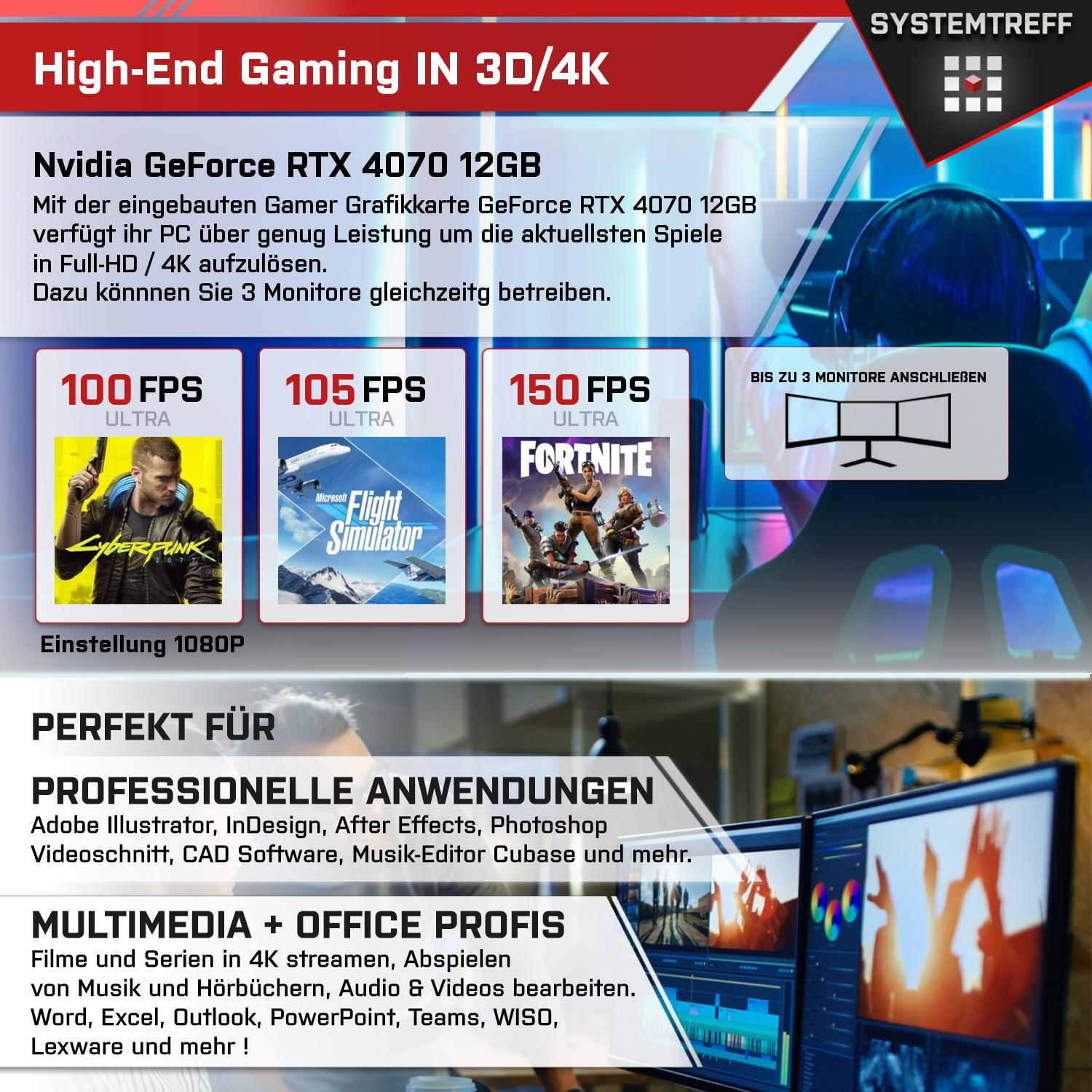 SYSTEMTREFF High-End Gaming Core™ NVIDIA Windows i9 Gaming Prozessor, RTX™ 11 GB GB i9-11900K, 1000 PC 4070 mit GeForce RAM, Intel Core 32 Intel® mSSD, Pro