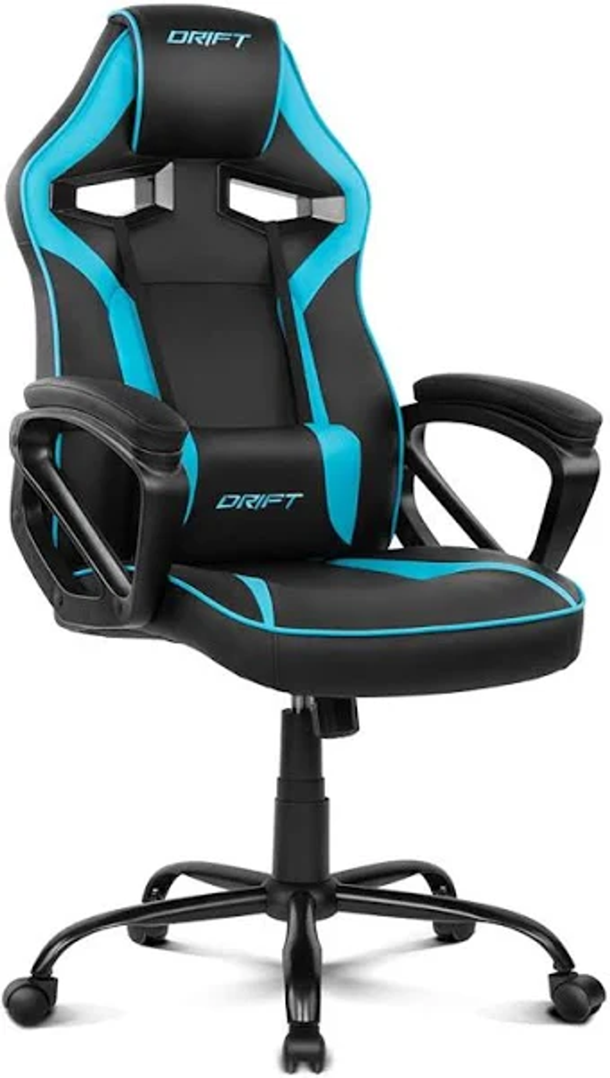 Silla gaming en negro y azul con reposacabezas, reposabrazos y base negra con ruedas.