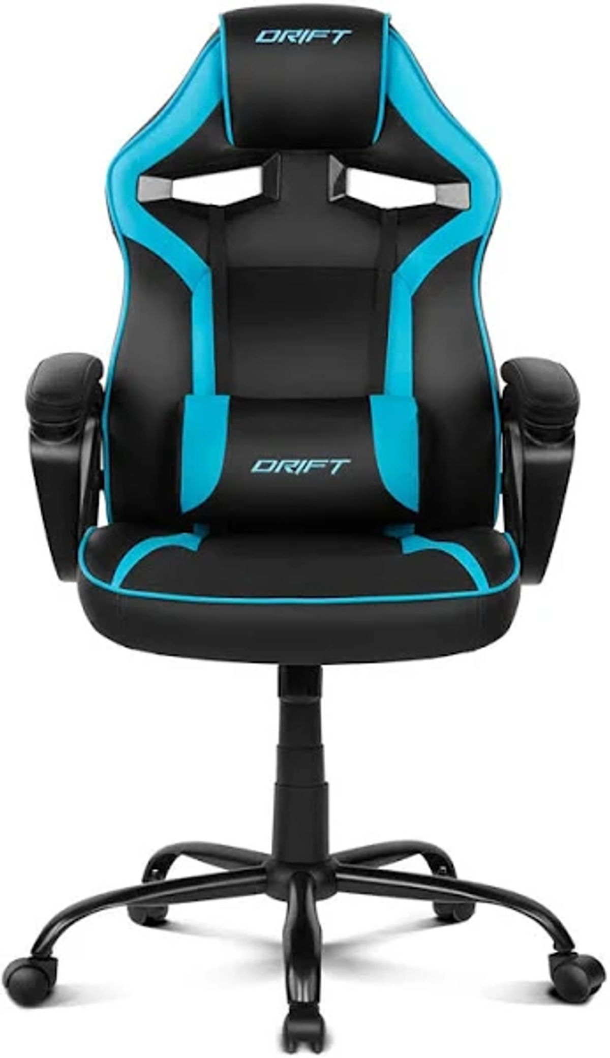 Silla gaming, negra y azul, con el nombre "DRIFT" en el respaldo y reposacabezas. Fondo blanco.