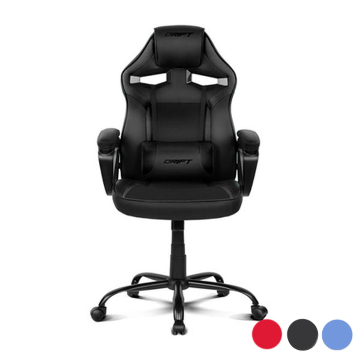 Silla gamer negra con manchas de color rojo, negro y azul en la parte inferior. Fondo blanco.