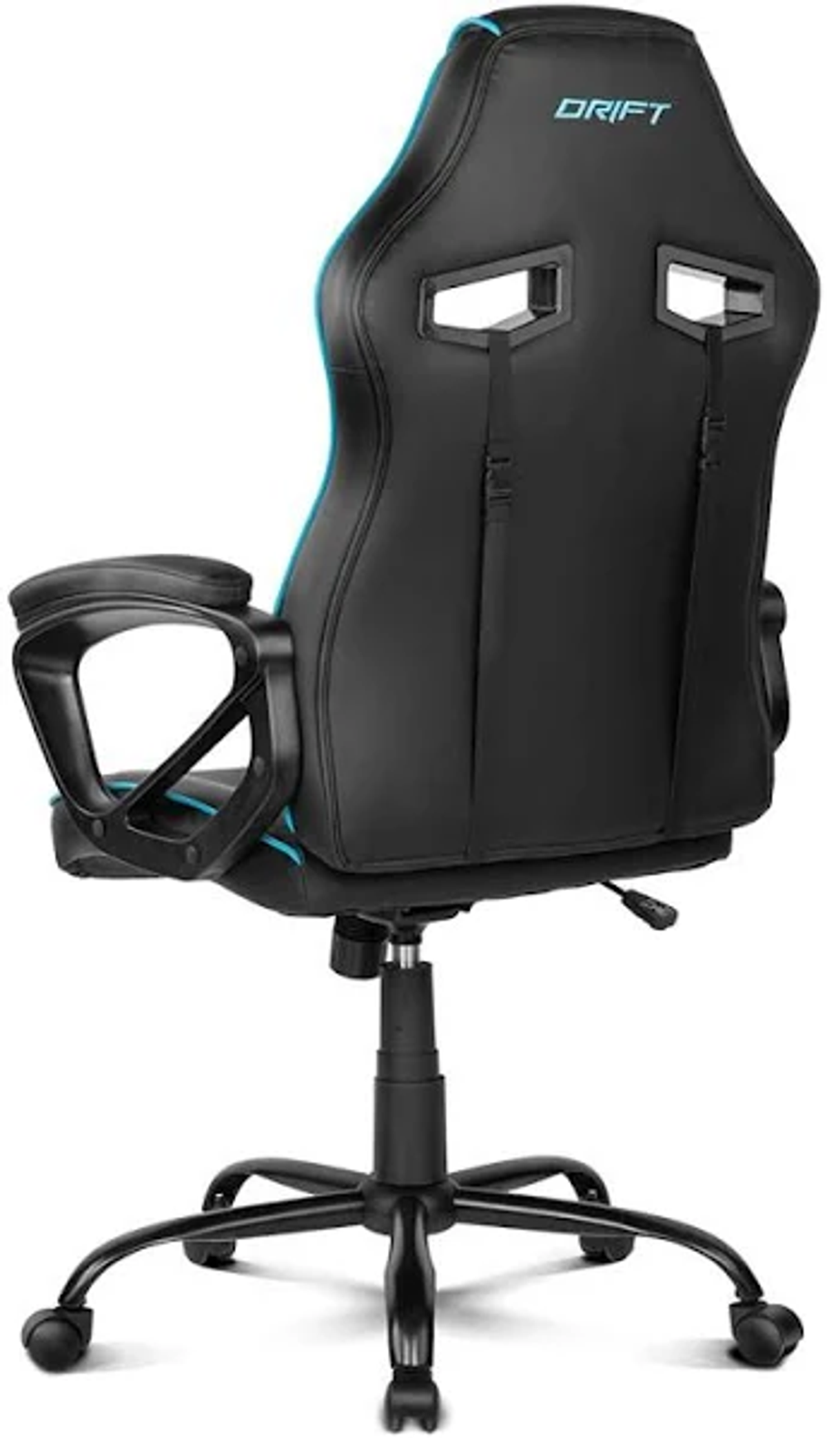 Silla gaming, negro con detalles azules. Logo Drift en reposacabezas.