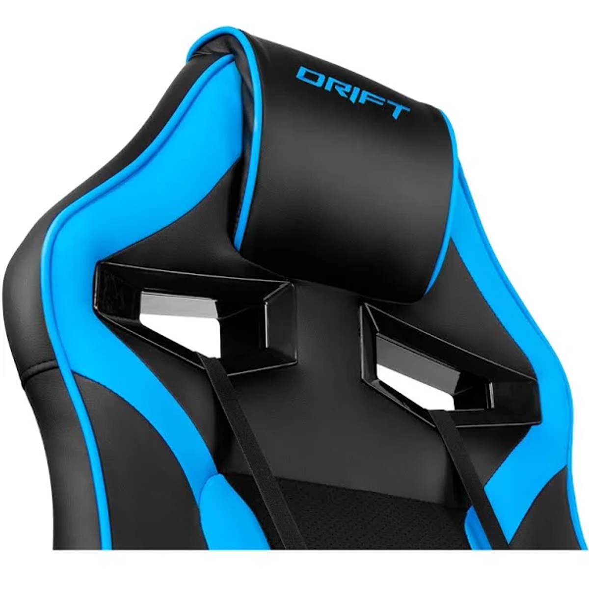 Gaming-Stuhl-Kopfstütze, schwarz und blau. Drift-Logo oben.