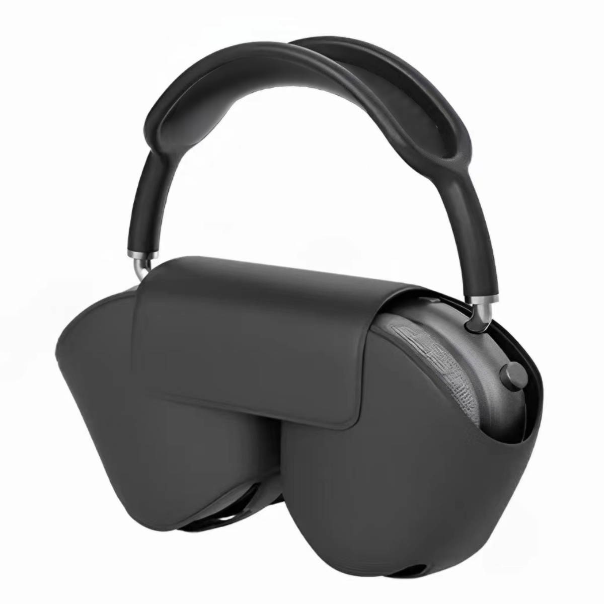 Auriculares negros en una funda. La funda es negra y rodea los auriculares.