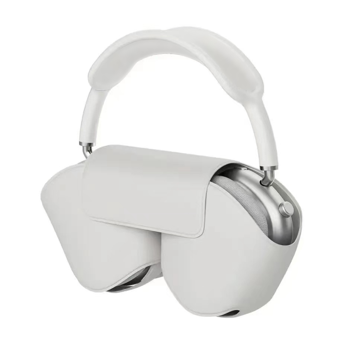 Auriculares Apple AirPods Max blancos en estuche, aislados sobre blanco. Vista superior.