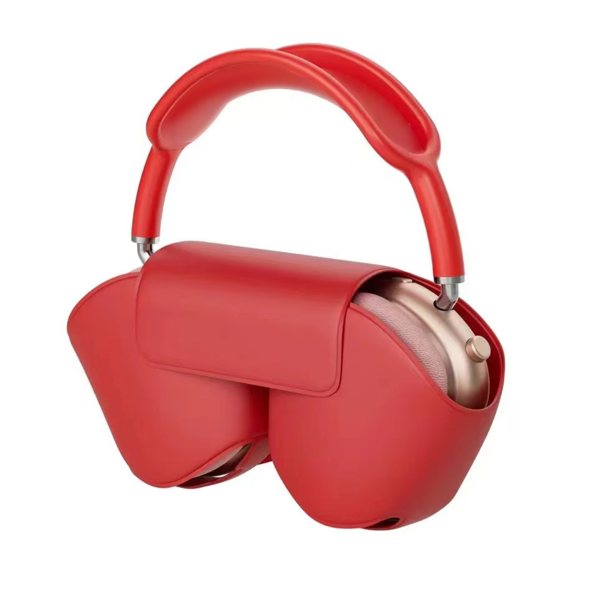 Auriculares rojos con estuche rojo. Copas doradas. Fondo blanco. Los auriculares están cerrados.