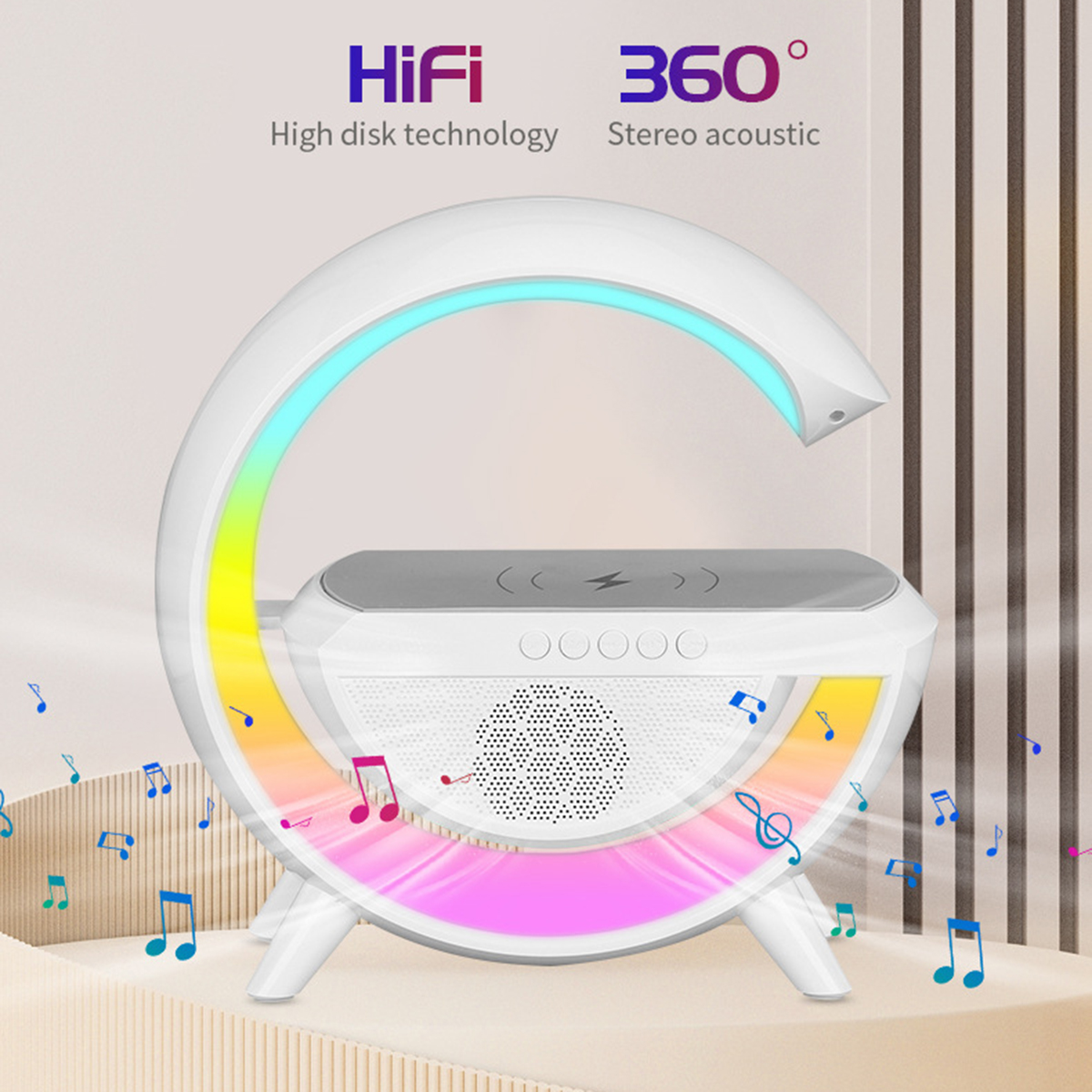 Lámpara blanca de tema musical con luces coloridas y plataforma de carga, rodeada de notas.