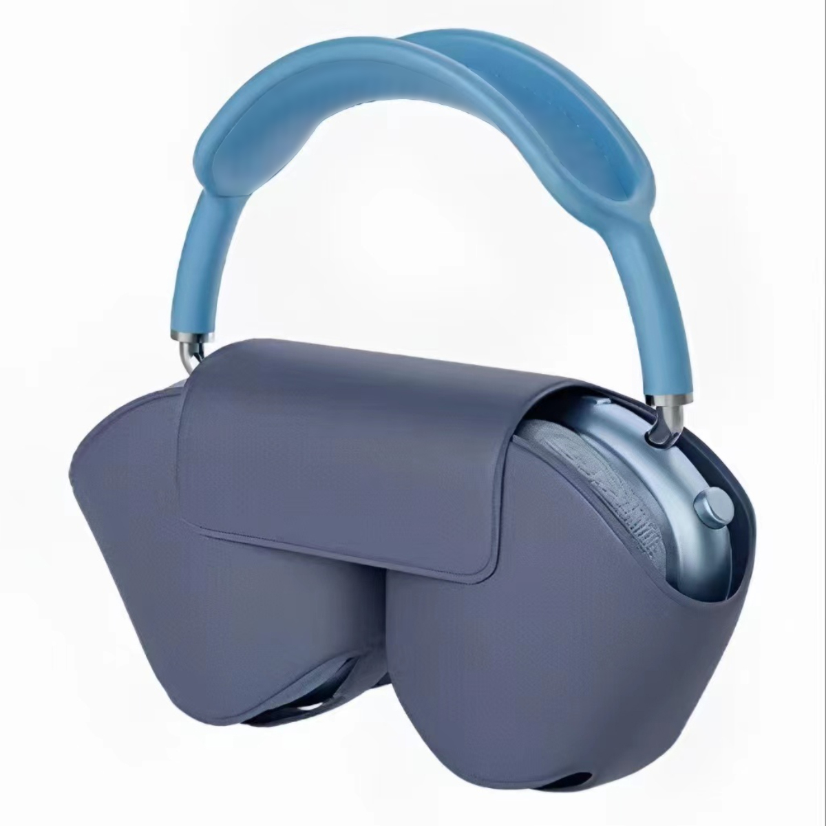 Auriculares azules en una funda gris.