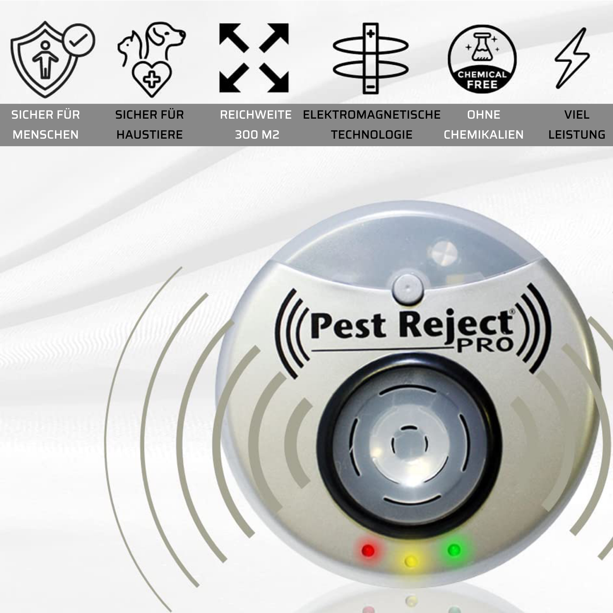 Pest Reject Pro Gerät mit Symbolen. Es ist sicher für Menschen und Haustiere, chemiefrei.