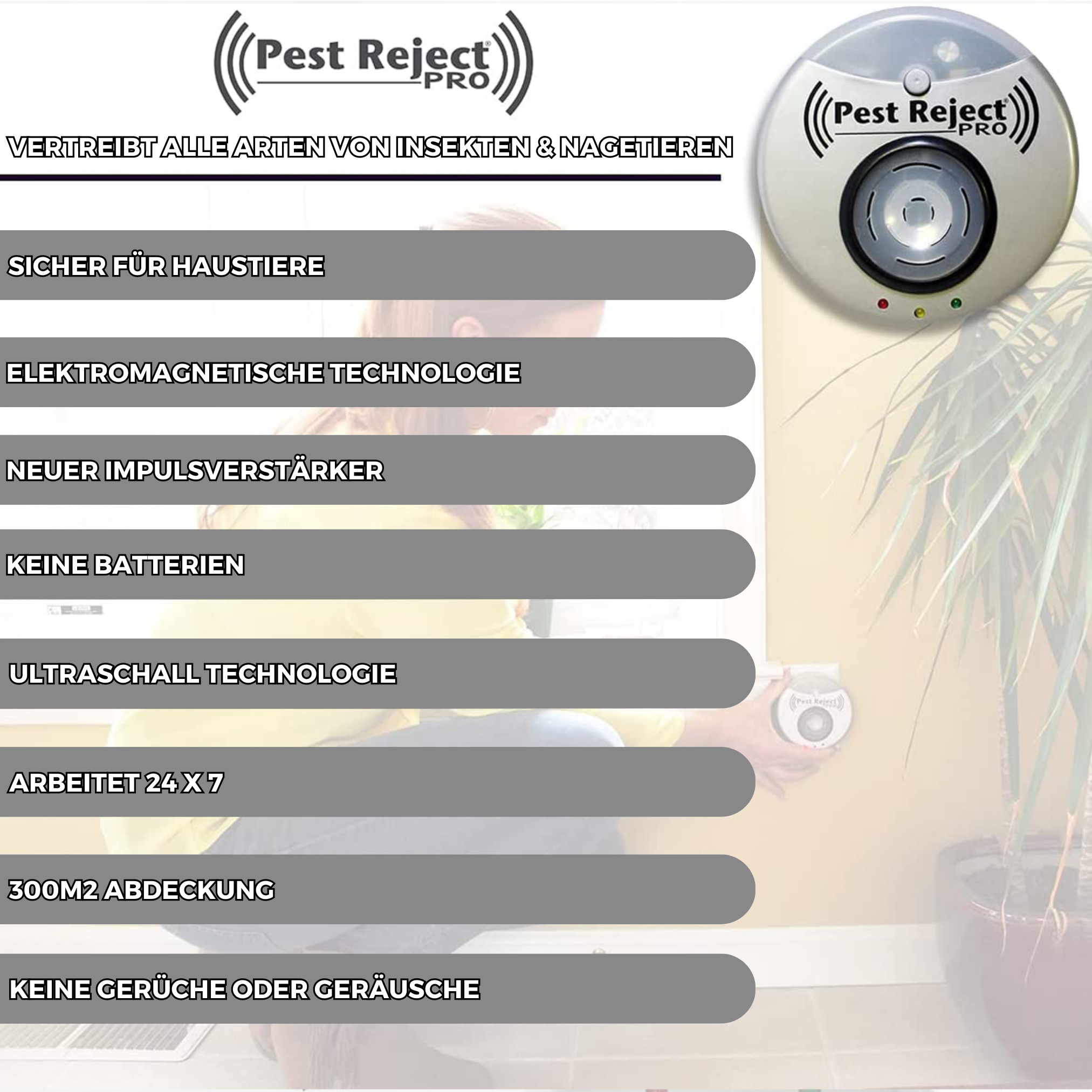 Pest Reject Pro Gerät an einer Wand. Zeigt eine Frau und Text, der seine Funktionen beschreibt.