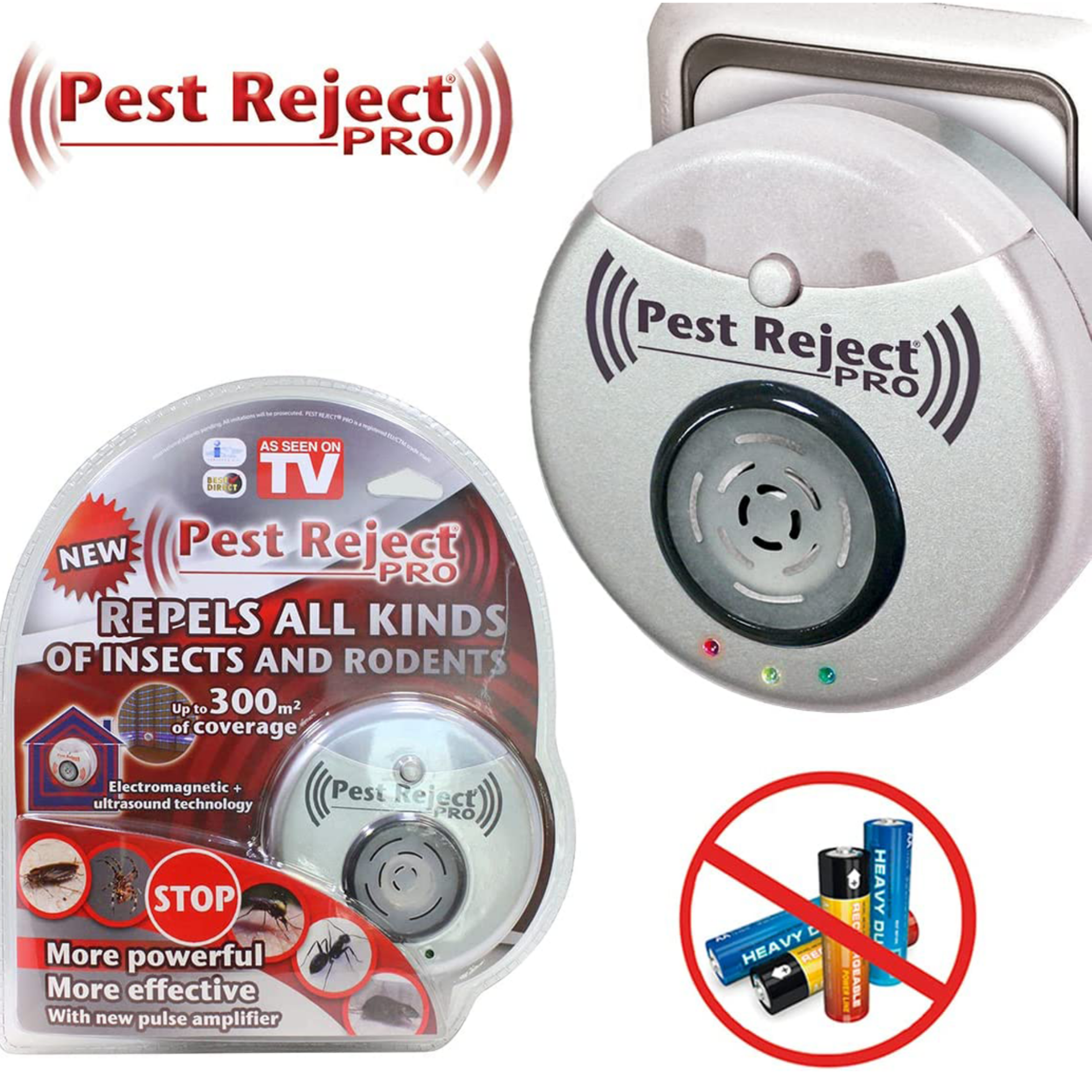 Pest Reject PRO Geräte und Verpackung. Text: Vertreibt alle Arten von Insekten und Nagetieren.