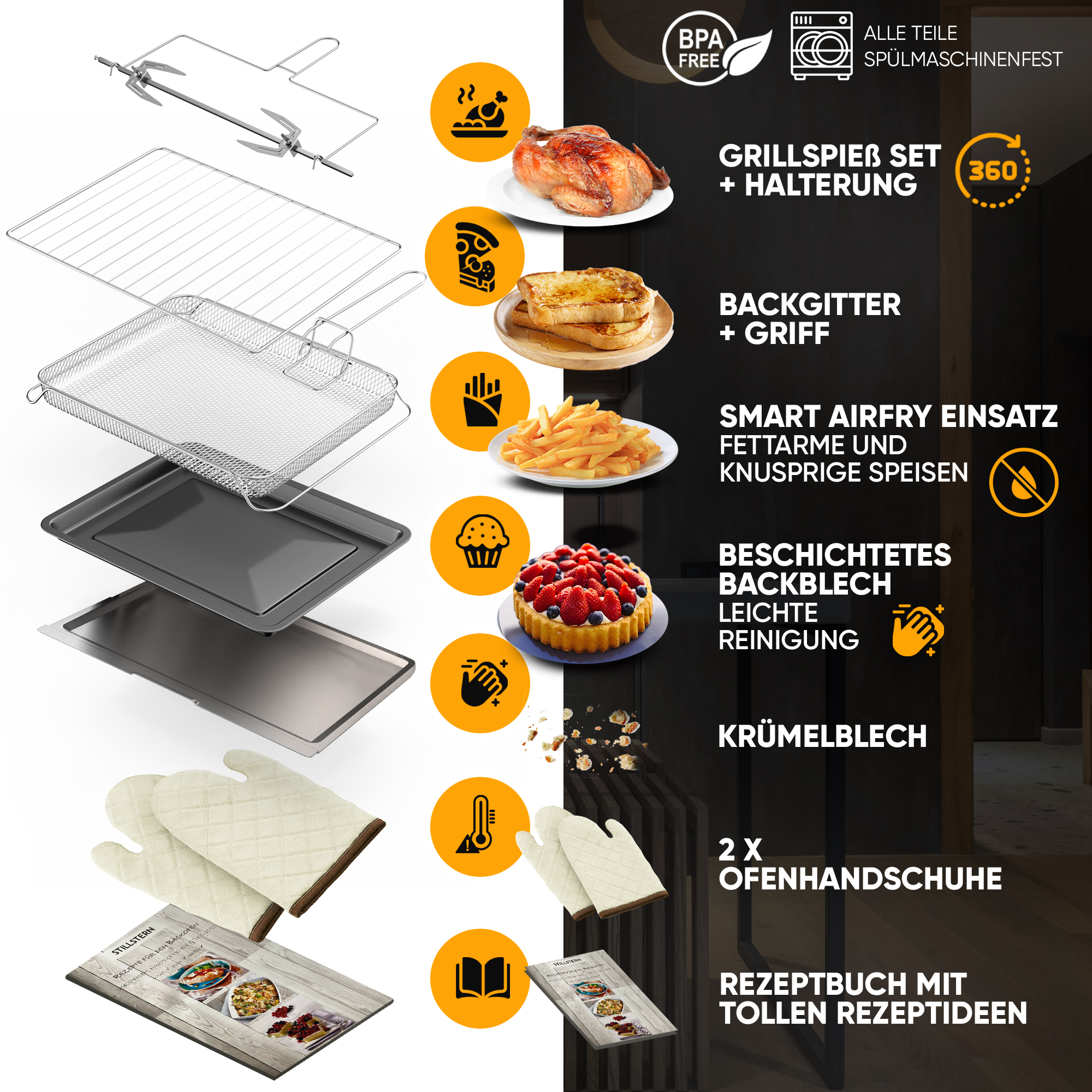 Airfryer-Zubehör-Set enthält Grill, Backblech und Ofenhandschuhe mit Rezepten.