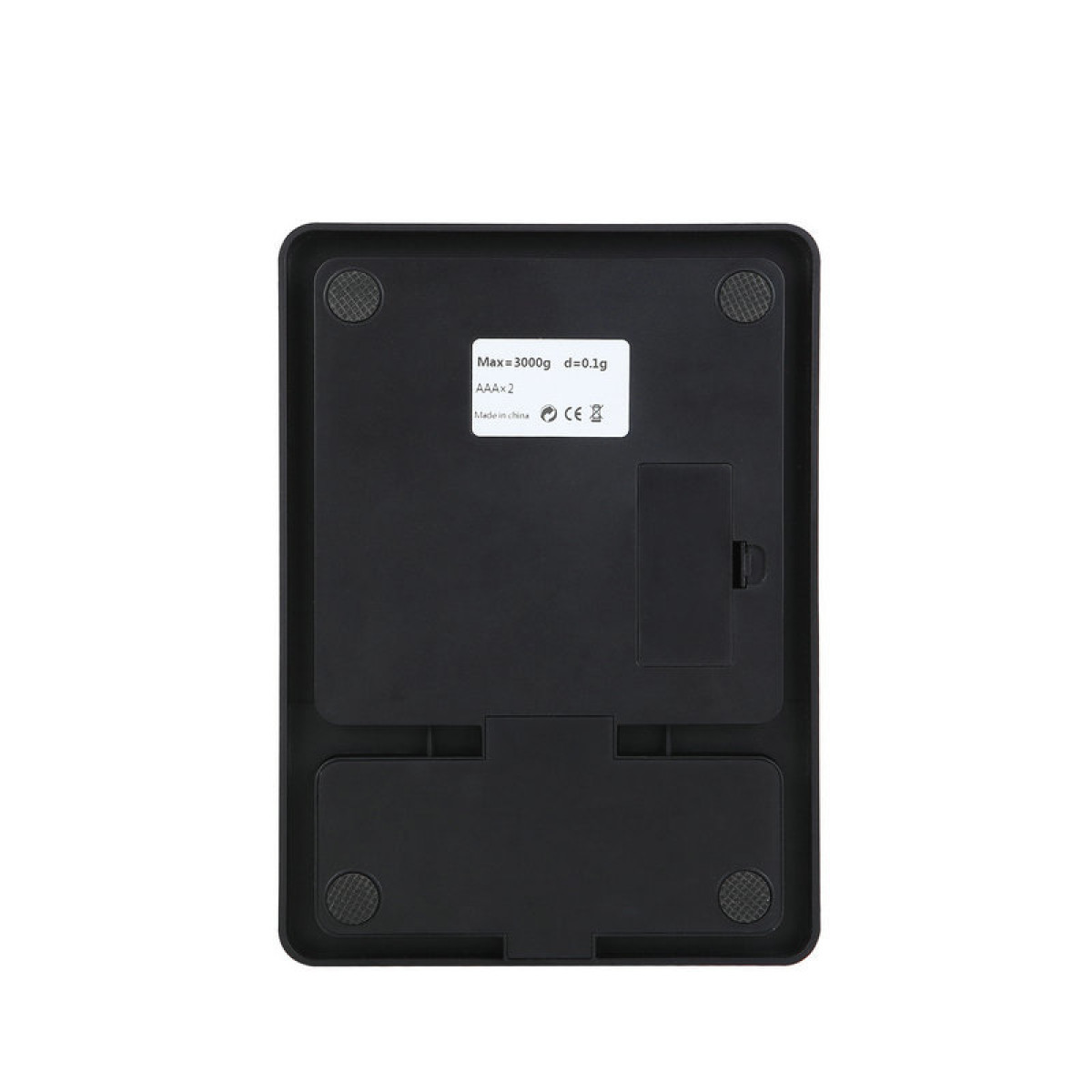 Czarno-biała waga. Tył, z naklejką z tekstem i komorą baterii.