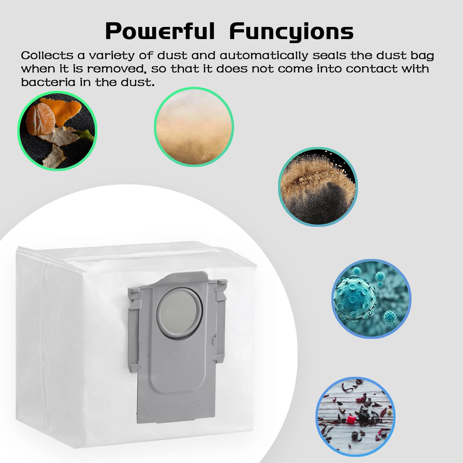 Worek do odkurzacza z ilustracjami kurzu i bakterii oraz tekstem o uszczelnianiu kurzu.