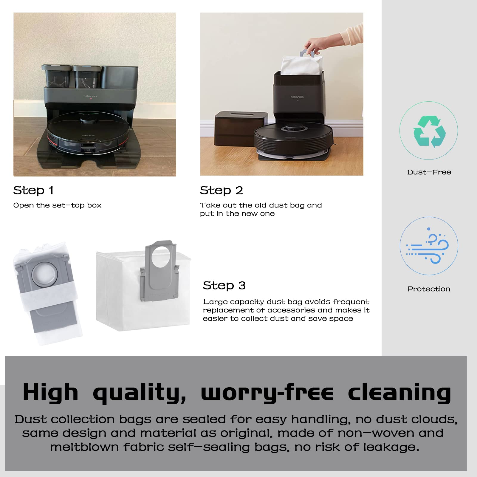 Schemat robota odkurzającego i worków do zbierania kurzu, z etykietami tekstowymi.