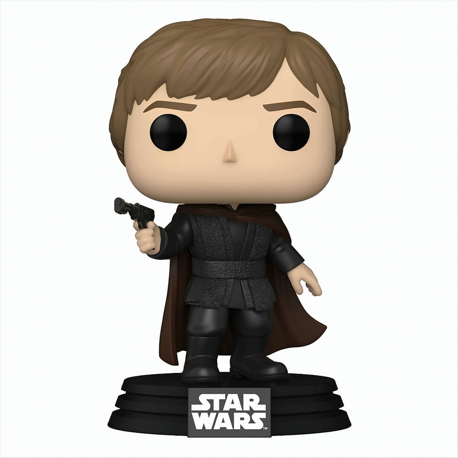 Figura de Star Wars Luke Skywalker con un bláster, sobre una base negra.