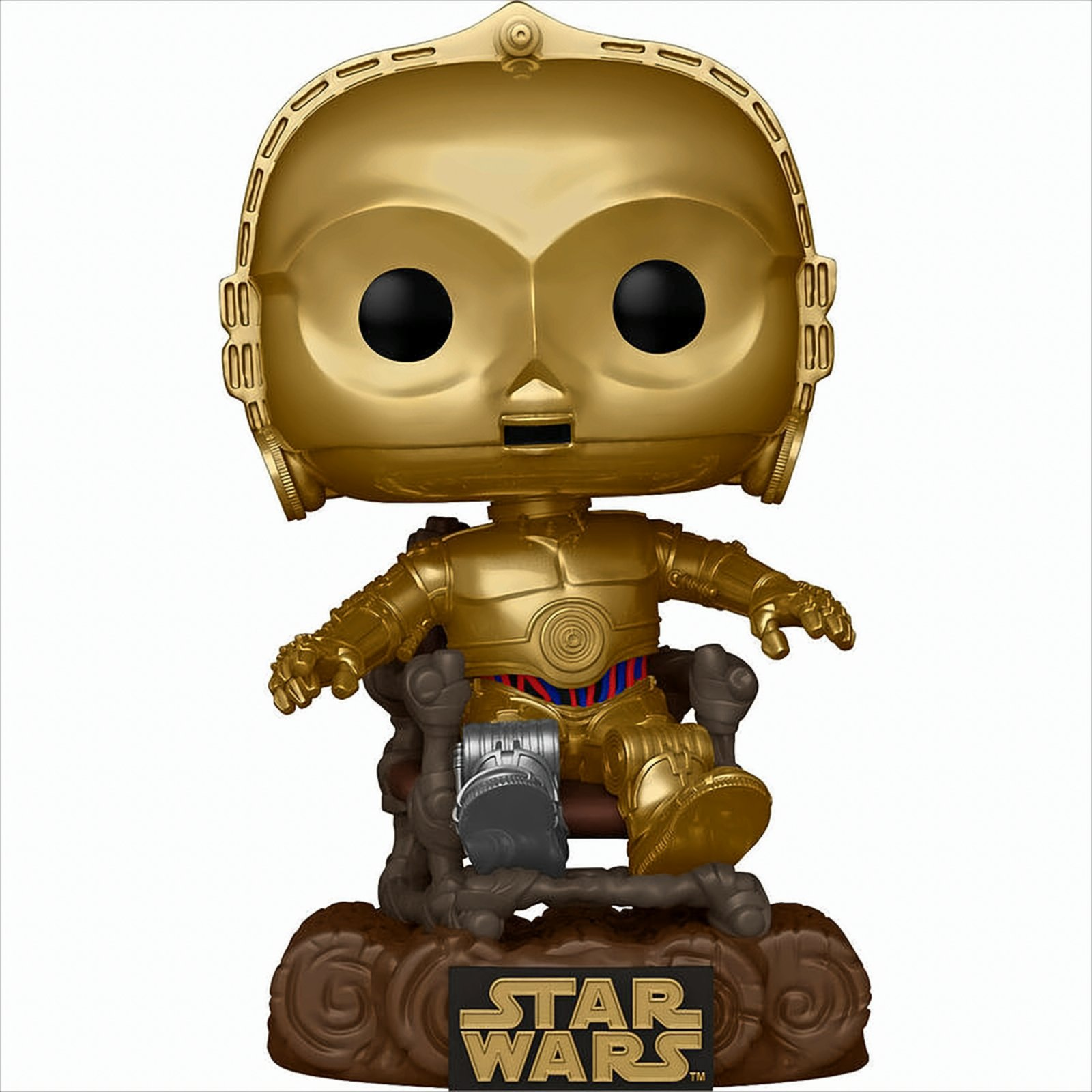 Figura de C-3PO sentado en un trono. Es un coleccionable de Star Wars dorado sobre fondo blanco.
