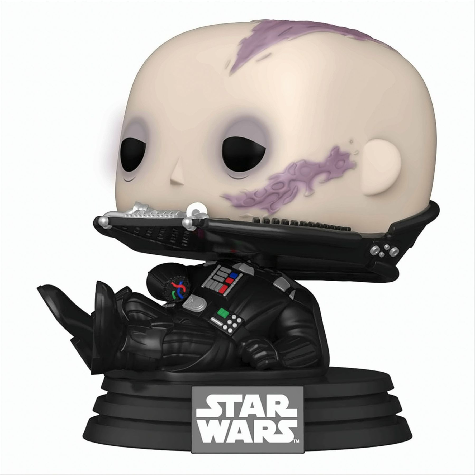 Una figura Funko Pop di Darth Vader. La figura è seduta su una base. Logo Star Wars.