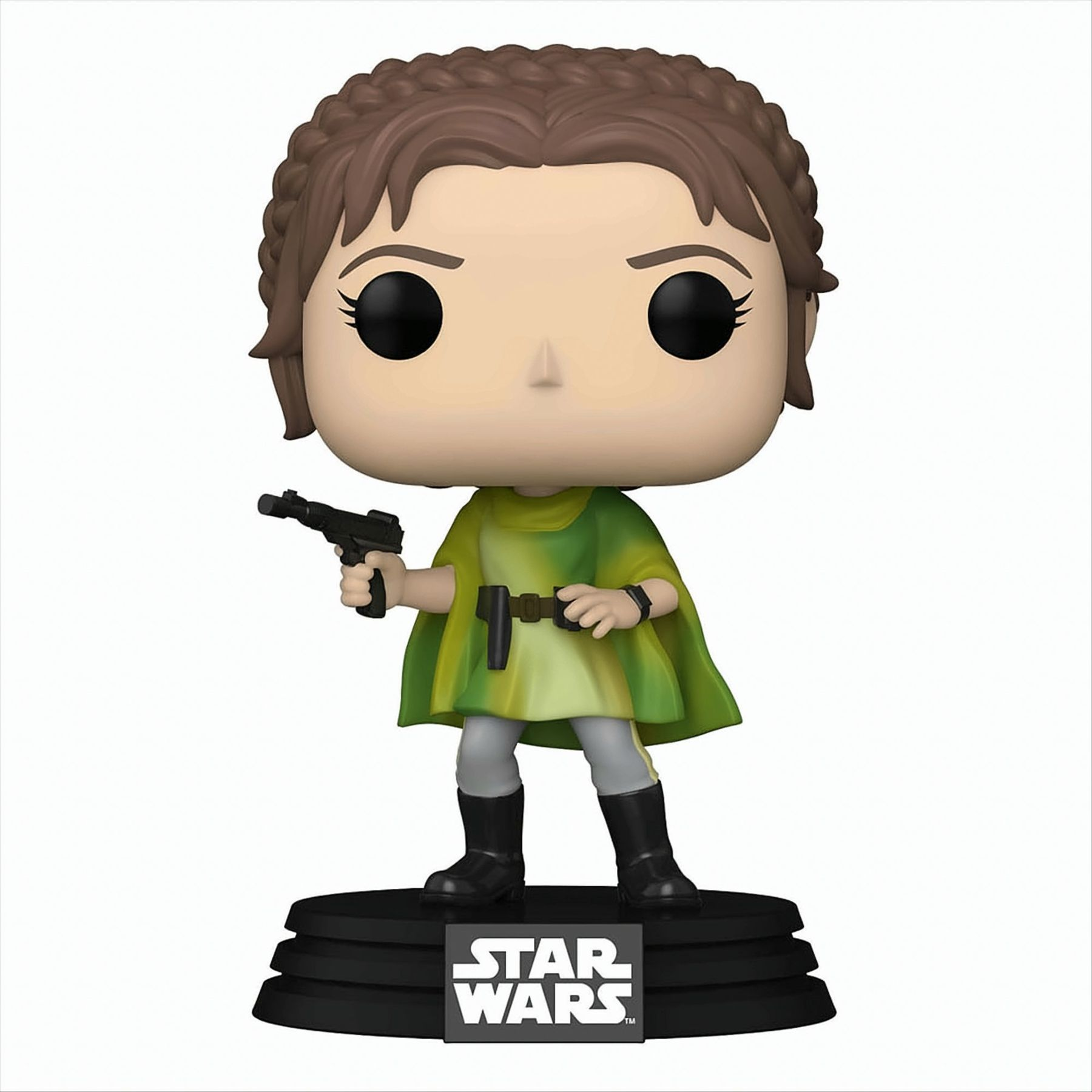 Una figura Funko Pop de la Princesa Leia sosteniendo un bláster, sobre una base de la marca Star Wars.