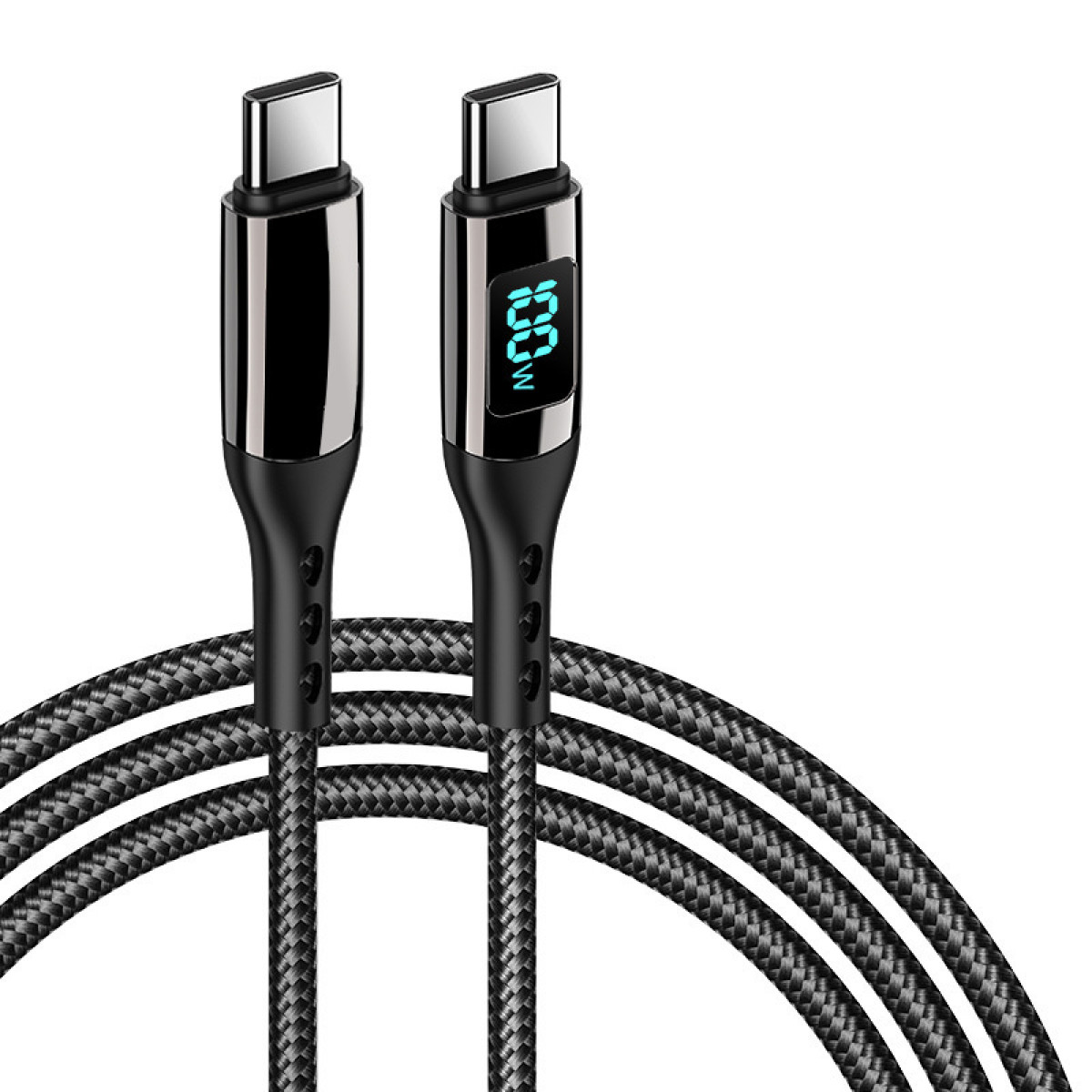 Zwei schwarze USB-C-Kabel mit silbernen Steckern, eines mit digitaler Leistungsanzeige.