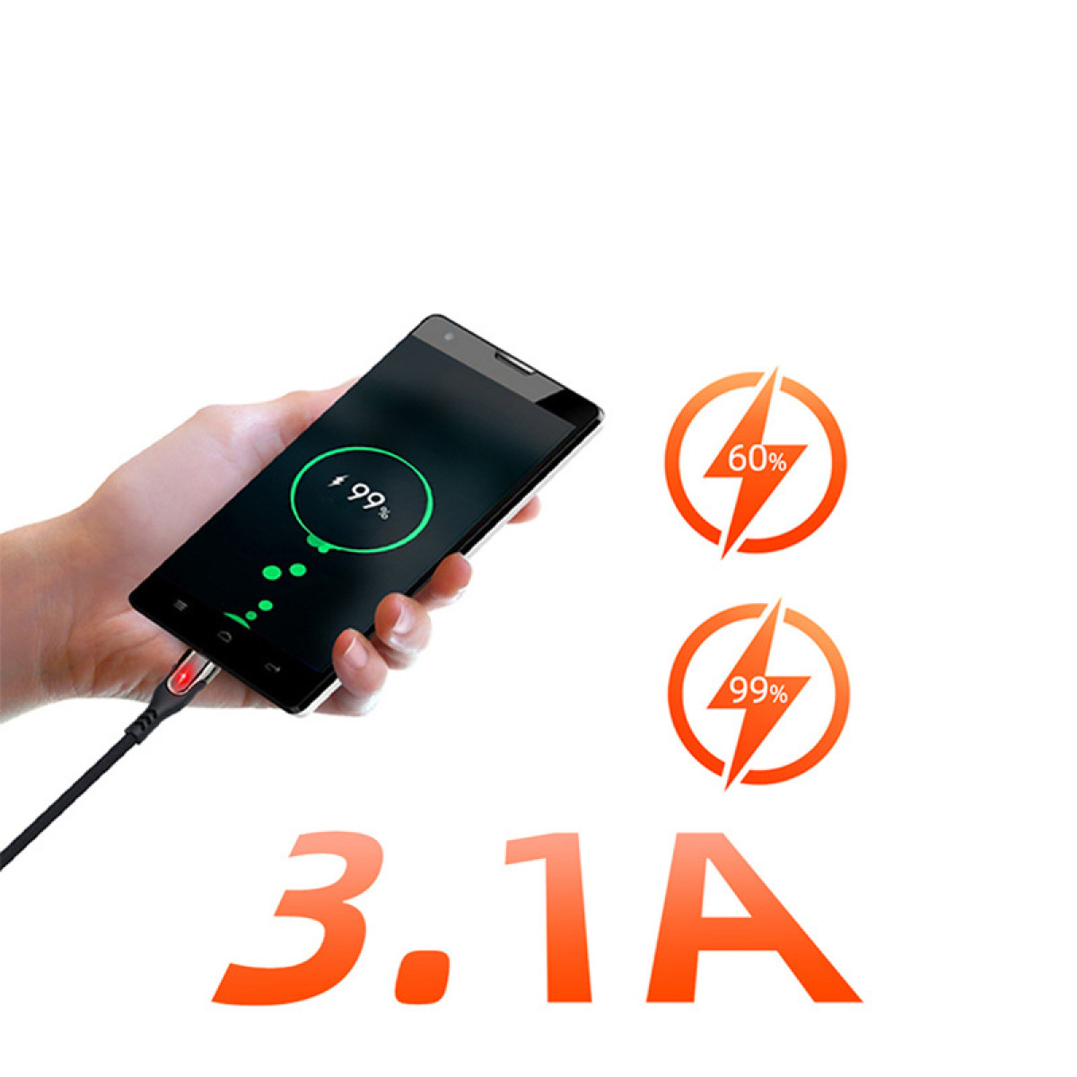 Eine Hand, die ein Telefon hält, das mit einem Kabel geladen wird. Das Telefon zeigt 99 % geladen. Ladesymbole werden angezeigt.