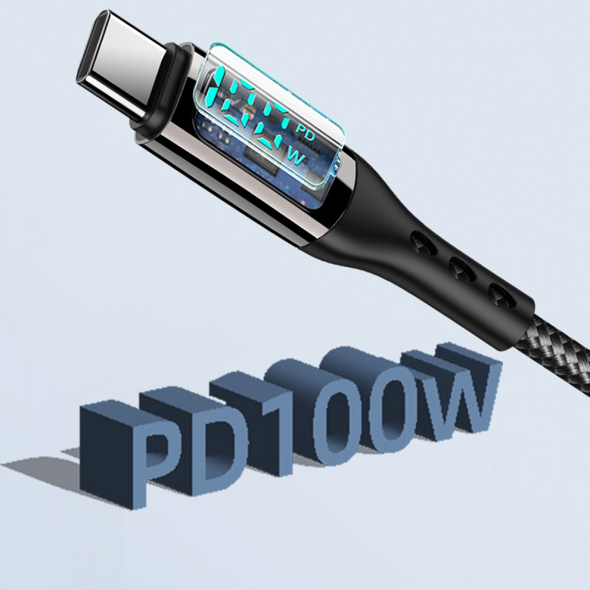 Nahaufnahme eines USB-C-Kabels mit PD100W-Text im Hintergrund, auf hellblauem Grund.
