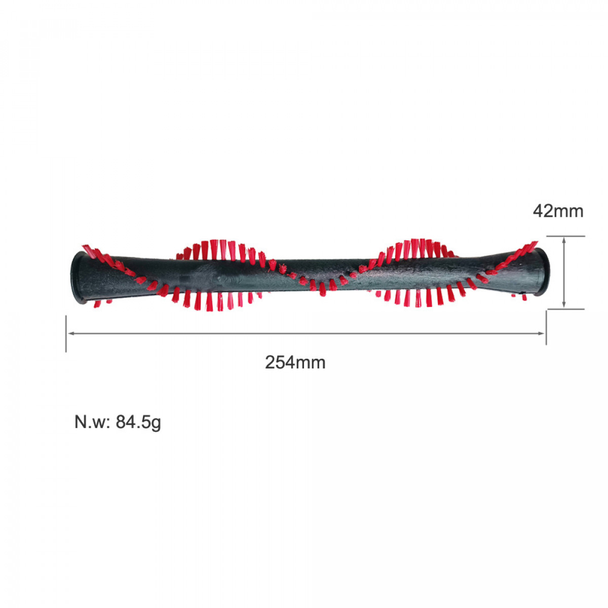 Wałek szczotki do odkurzacza z czerwonym włosiem, wymiary 254mm x 42mm i 84,5g.