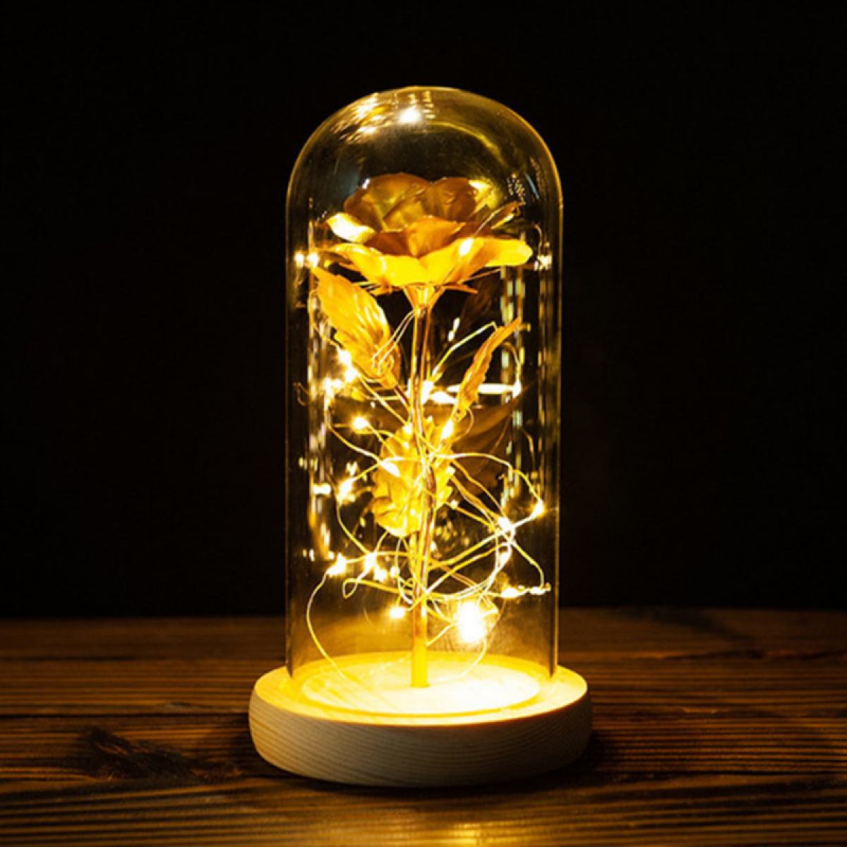 INF Glaskuppel mit goldener LED-Rose und LED-Schleife Rose