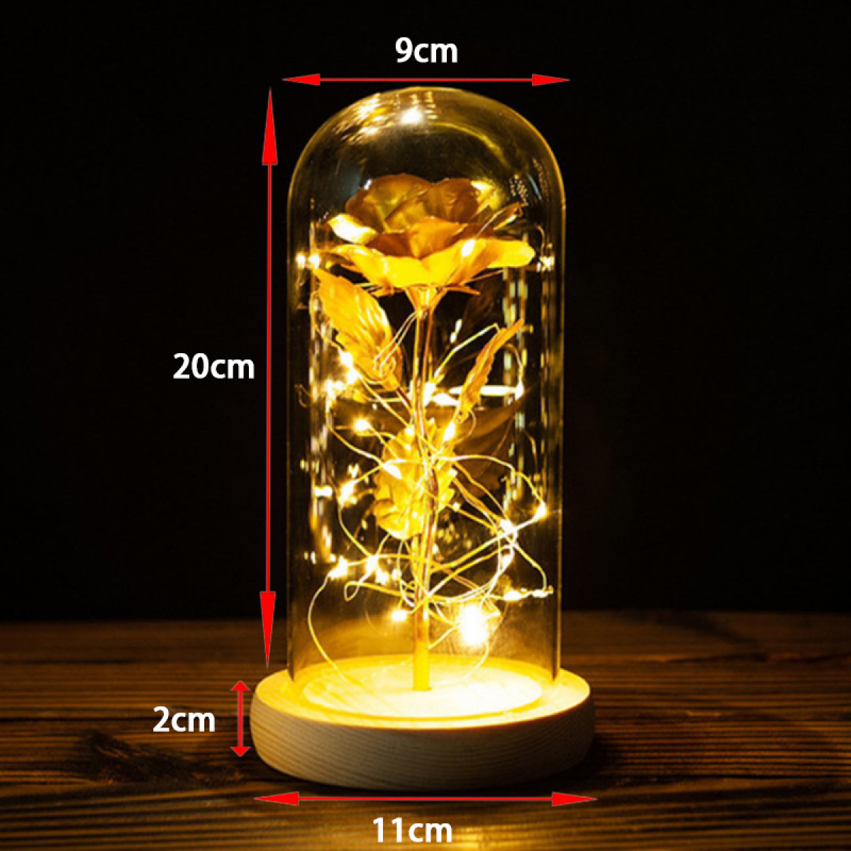 INF Glaskuppel LED-Schleife Rose LED-Rose goldener mit und