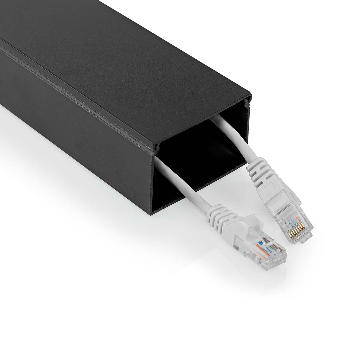 Ein schwarzer Kabelkanal mit zwei weißen Ethernet-Kabeln, die herauskommen. Weißer Hintergrund.