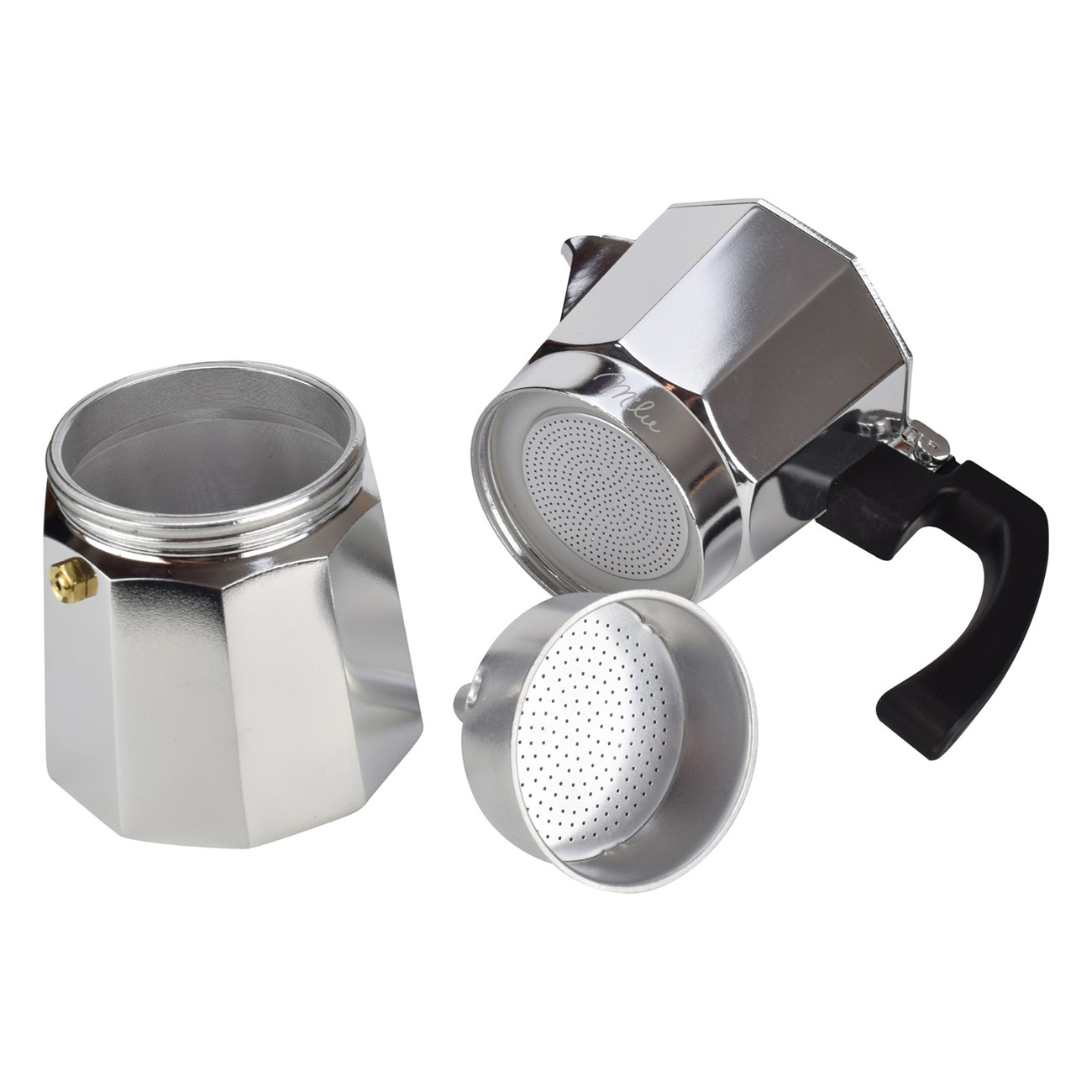 Milu Espresso Maker (Niet Inductie) | 2, 3, 6, 9 Bekers | Aluminium Espresso Pot, Stovetop Moka Pot, Coffee Maker Set inclusief onderzetter, lepel, borstel (Aluminium, 2 kopjes (100ml