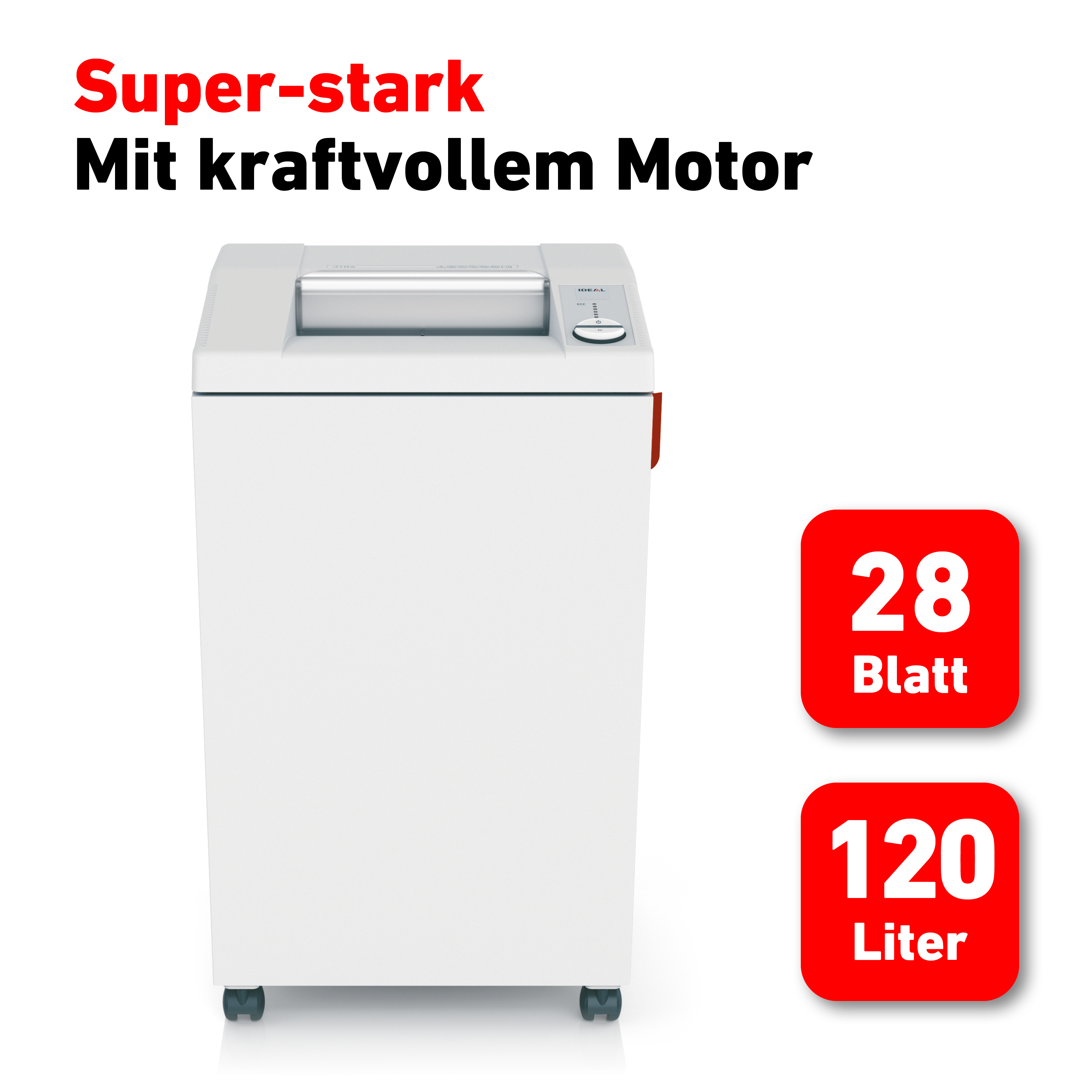 Weißer Aktenvernichter mit Text und roten Etiketten, Kapazität und Größe.